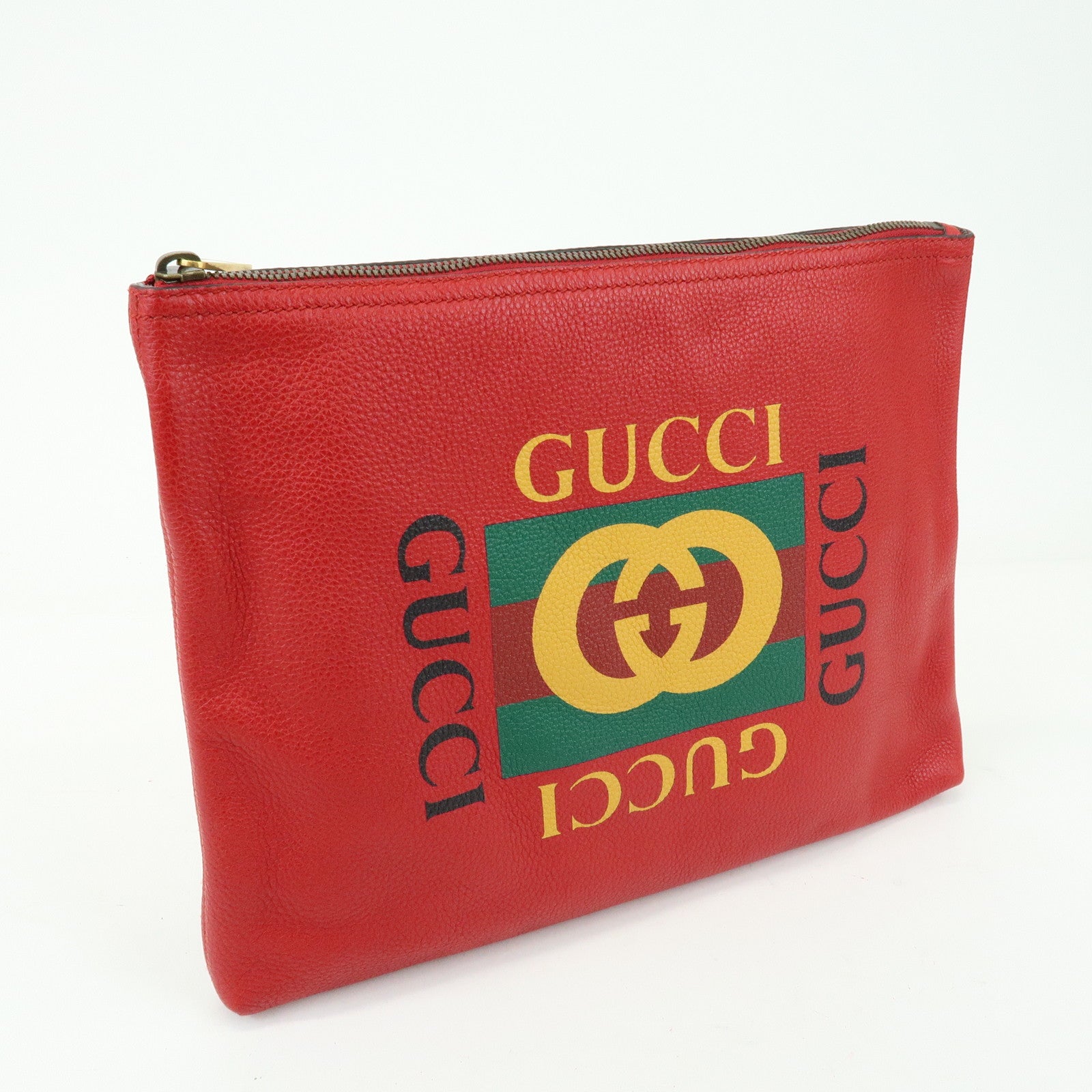 GUCCI Vintage Logo Portfolio Leather Clutch Bag Pouch Red