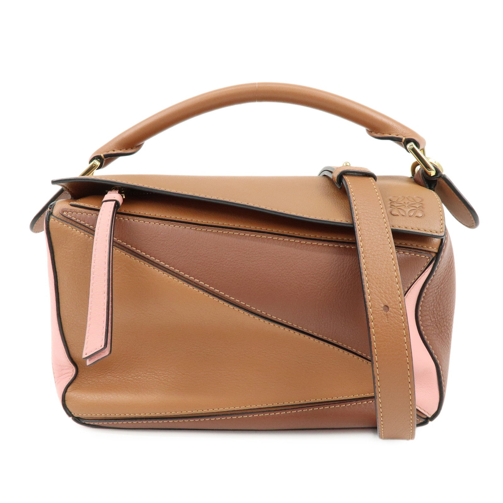 LOEWE Puzzle Bag Anagram Calf Skin Medium 2Way Bag Brown Pink Camel