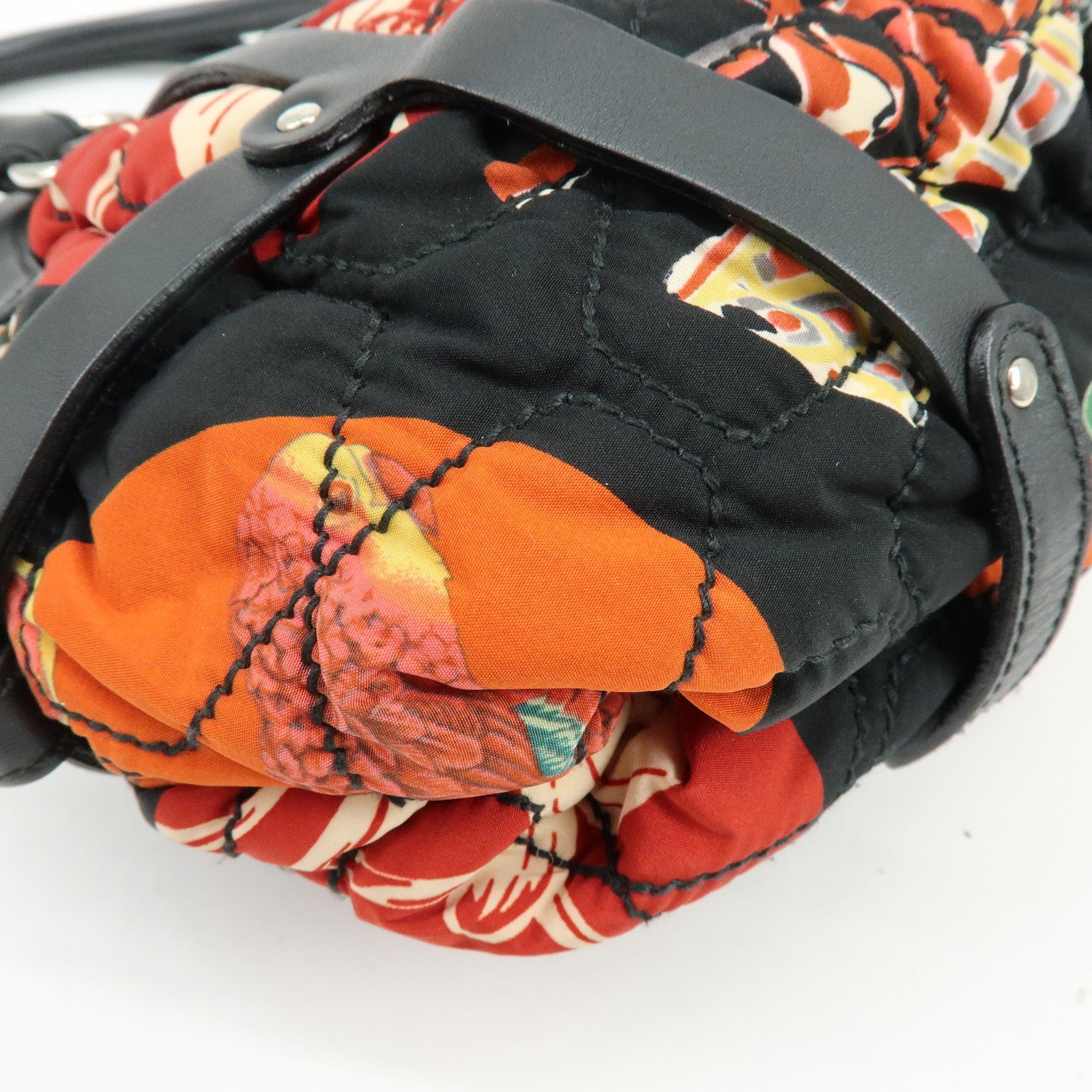Ferragamo Nylon Quilting Leather Hand Bag Animalier Black Multicolor