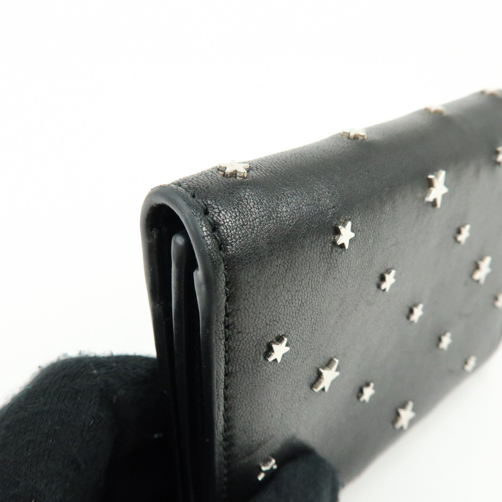 Jimmy Choo Leather Tri-fold Chain Wallet Studs Stars Black