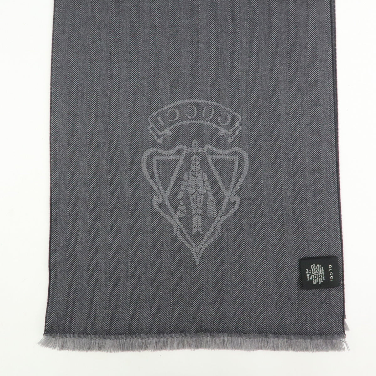GUCCI Historia Wool 100% Scarf Crest Herringbone Gray