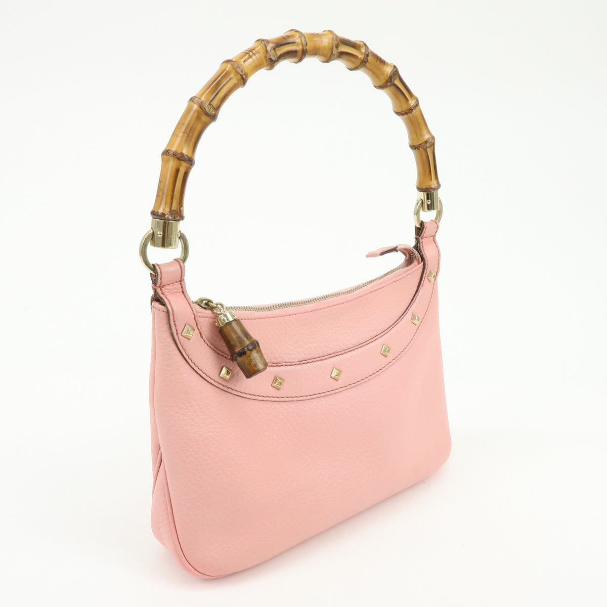 GUCCI Bamboo Leather Hand Bag Shoulder Bag Studs Pink 137378