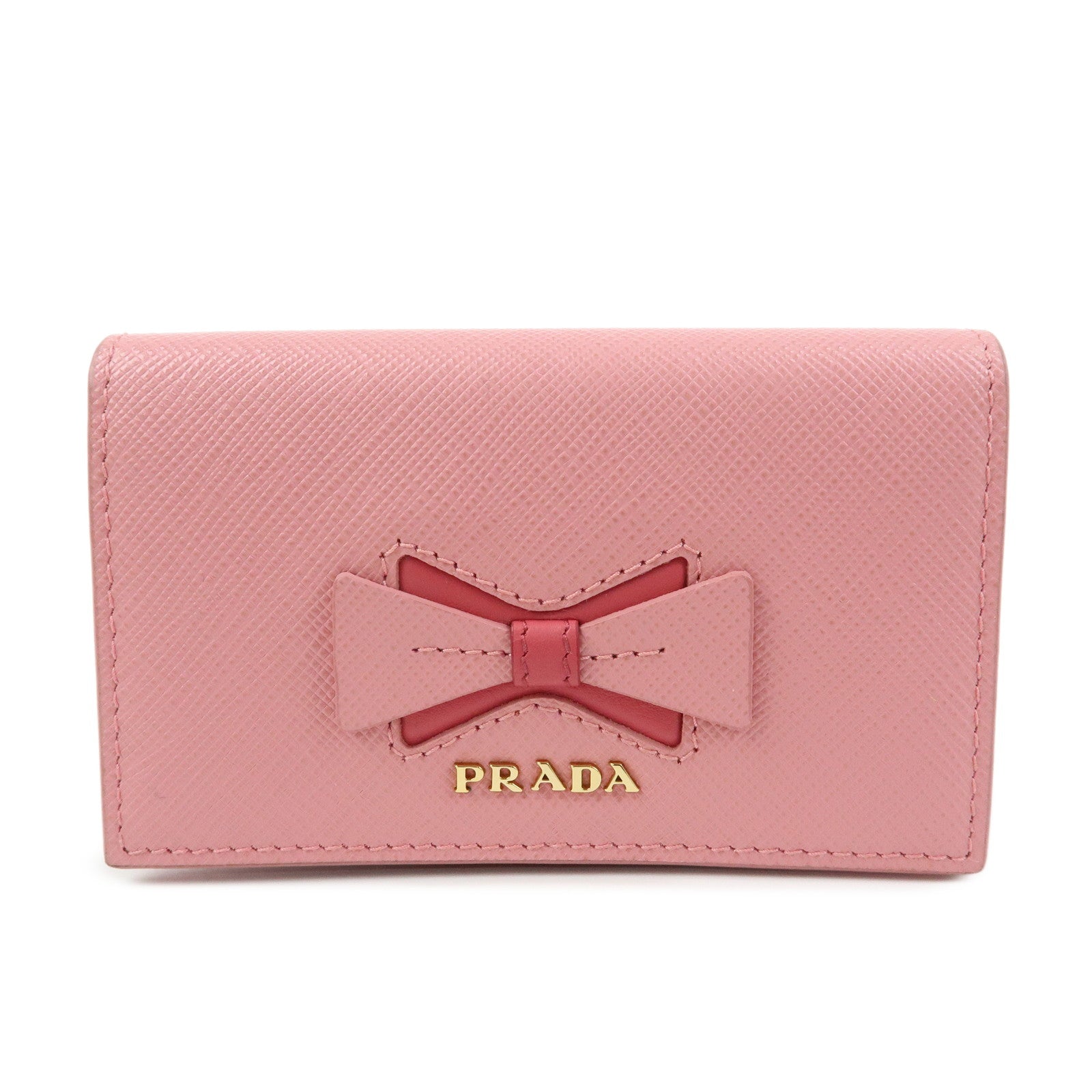 PRADA Ribbon Motif Saffiano Leather Card Case Card Holder Pink