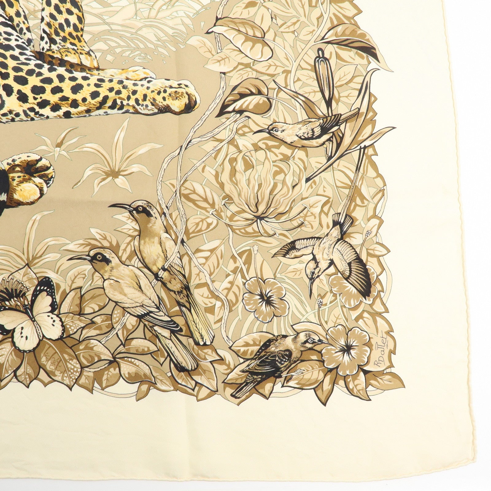 HERMES Carre 90 Silk 100% Scarf JUNGLE LOVE Light Brown Beige
