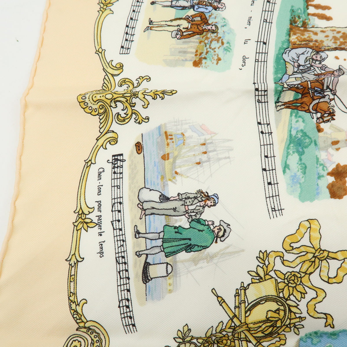 HERMES Carre 45 Silk 100% Scarf CHANSONS DE FRANCE Beige Multicolor