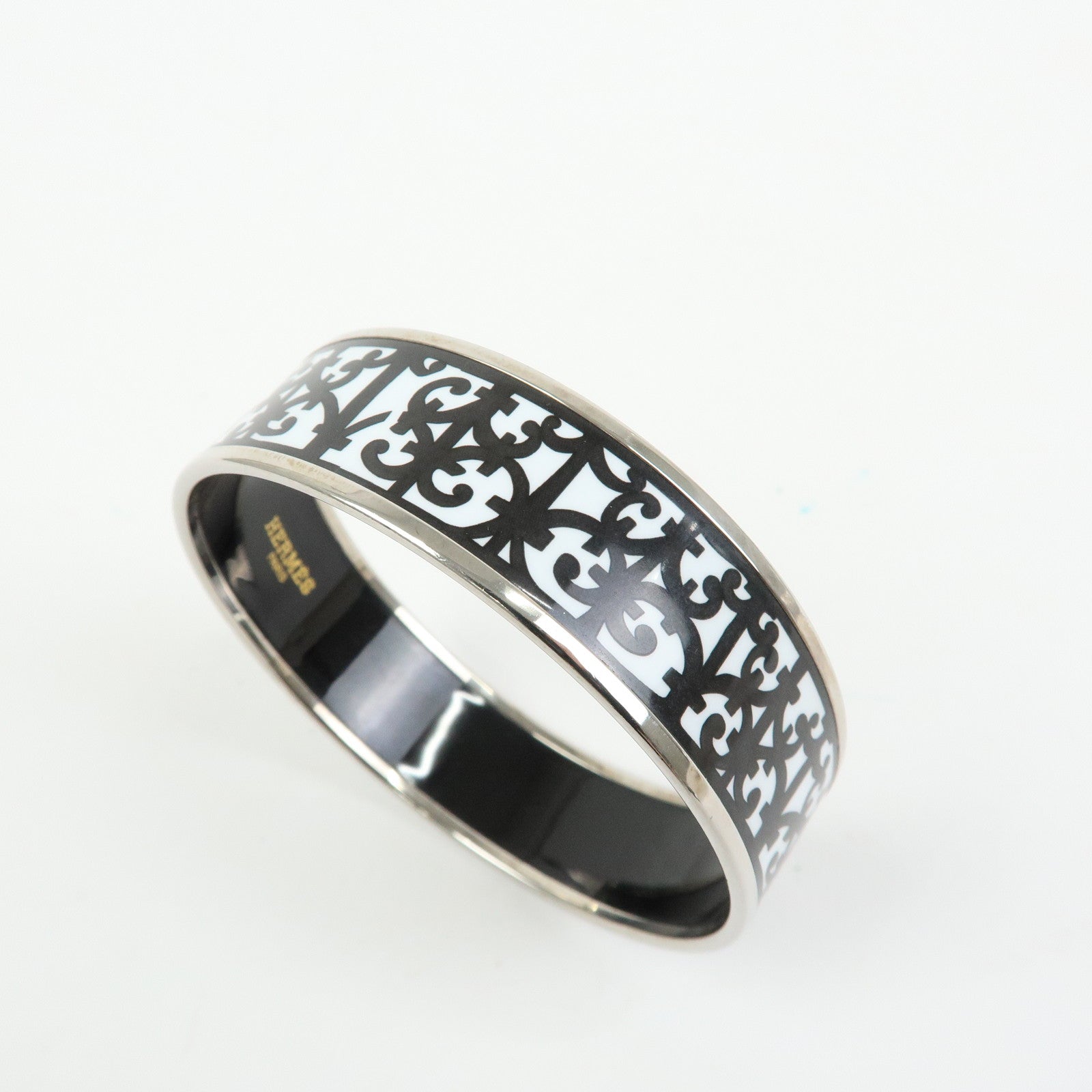 HERMES Email GM Silver Plated Guadalquivir Bangle Bracelet White Black