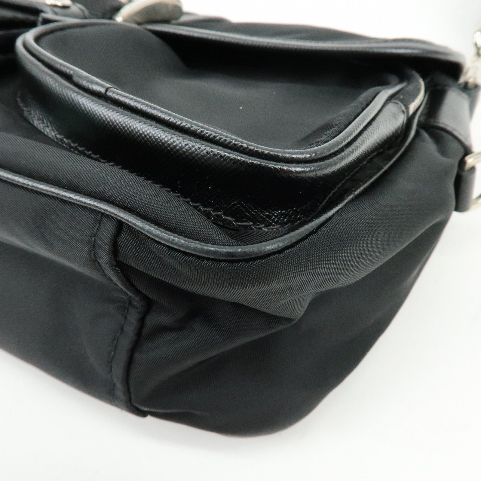 PRADA Triangle Logo Nylon Saffiano Leather Shoulder Bag Black BT0464