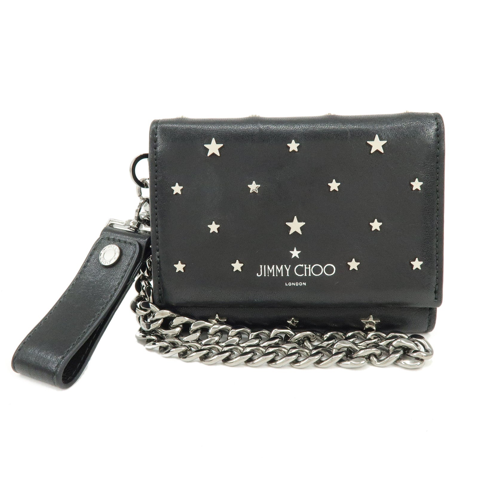 Jimmy Choo Leather Tri-fold Chain Wallet Studs Stars Black