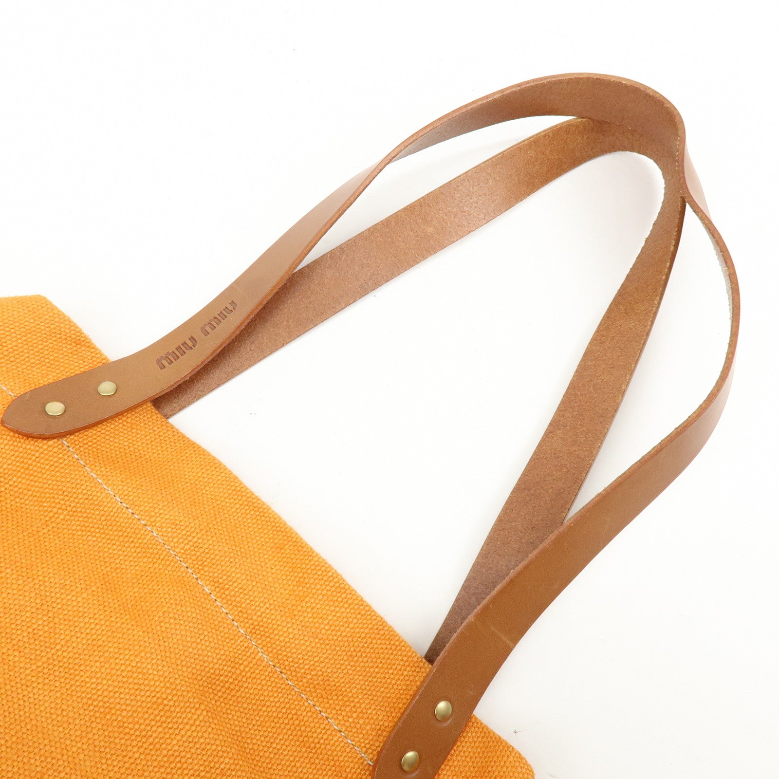 MIU MIU Canvas Leather Tote Bag Shoulder Bag Tassel Orange Brown