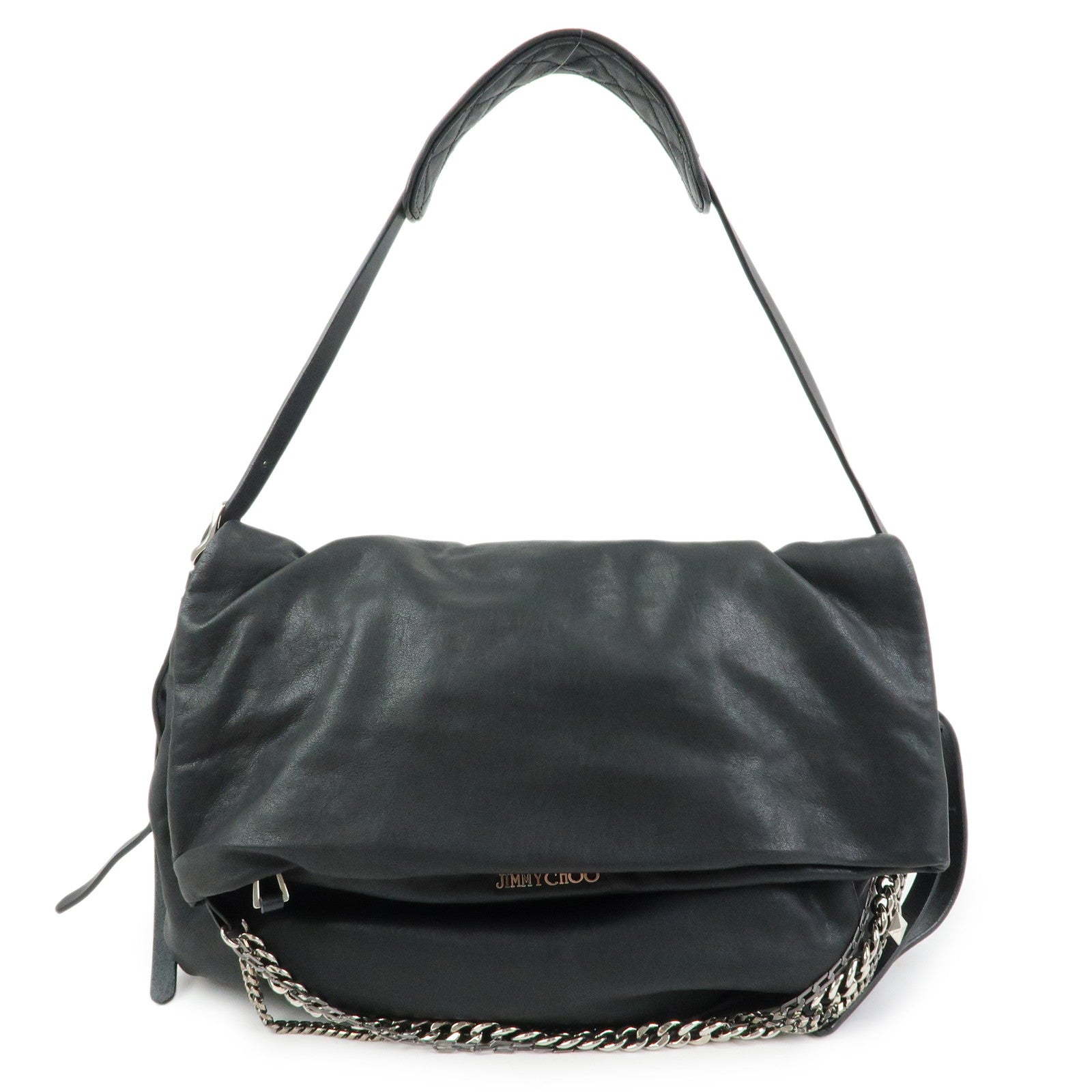 JIMMY CHOO Leather Shoulder Bag Crossbody Bag Metal Chain Black