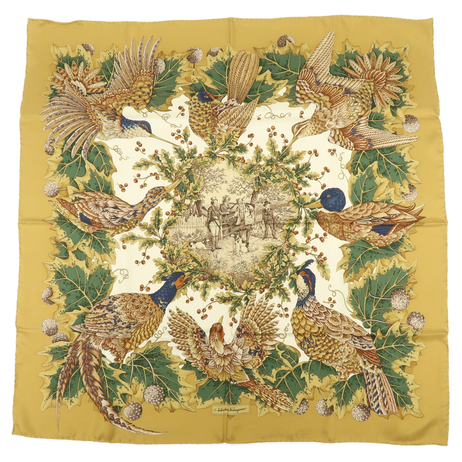 Ferragamo Silk 100% Scarf Bird Print Khaki Brown