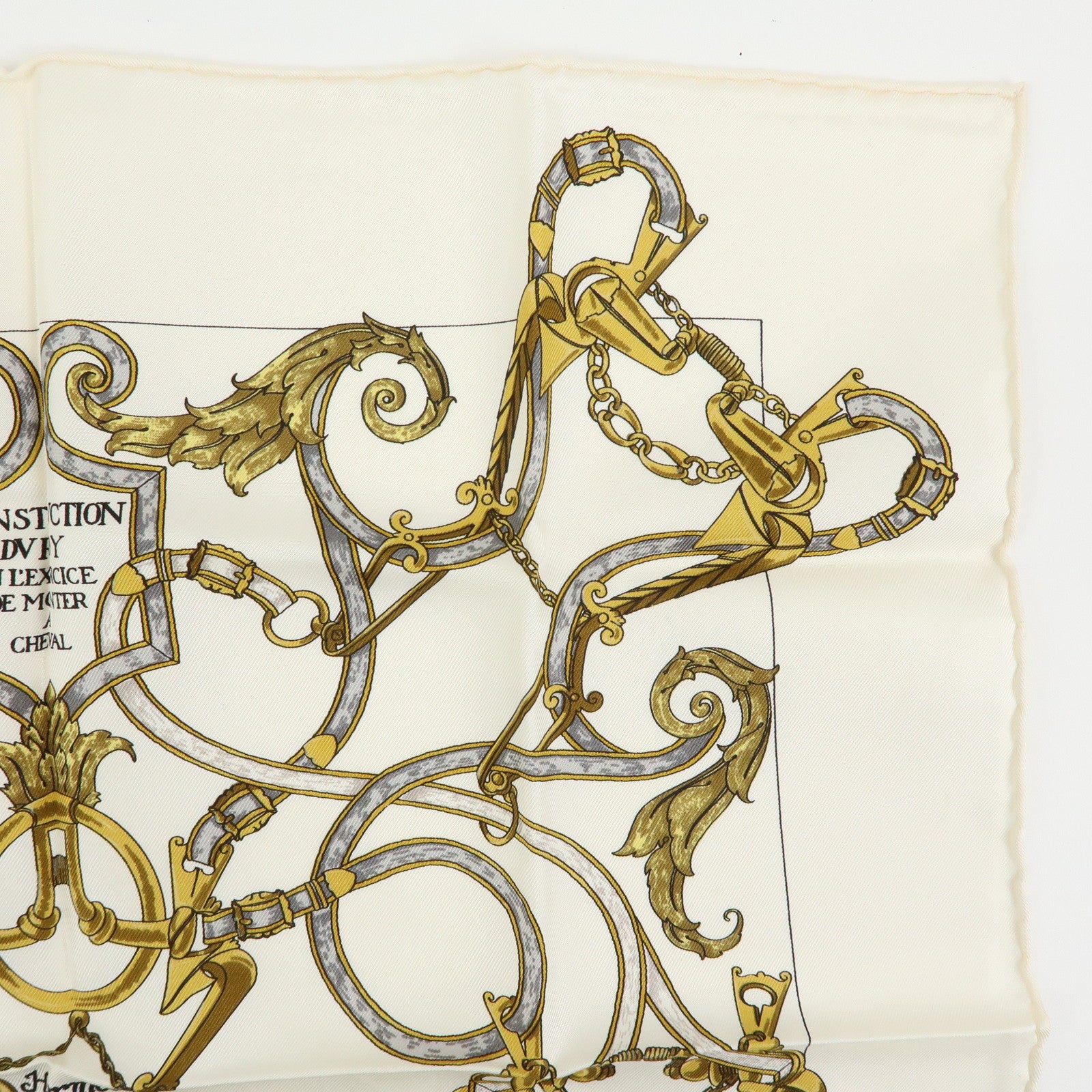 HERMES Carre 40 Silk 100% Scarf L'INSTRVCTION DV ROY White Gold Gray