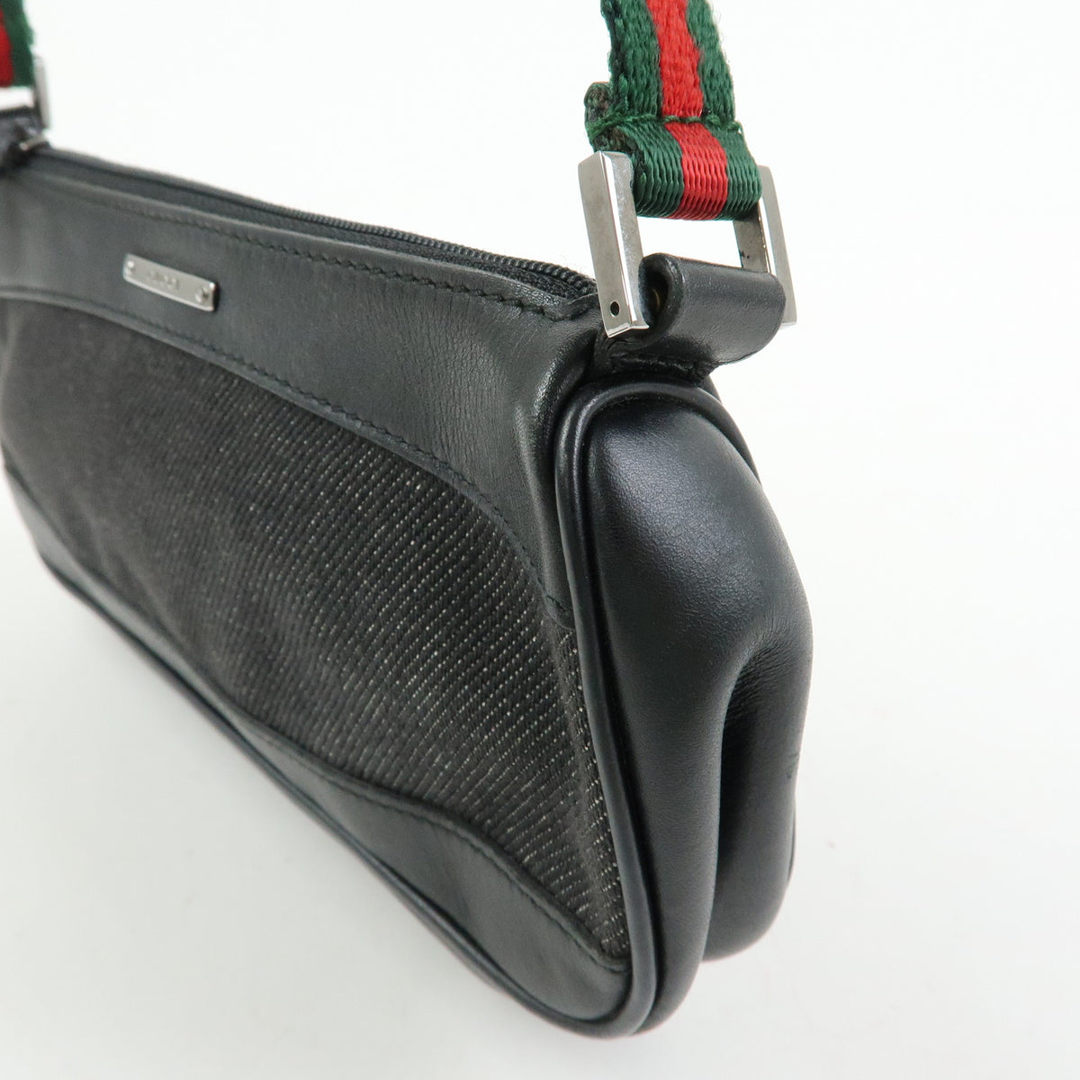 GUCCI Sherry Accessory Pouch Denim Canvas Leather Hand Bag Black 92820