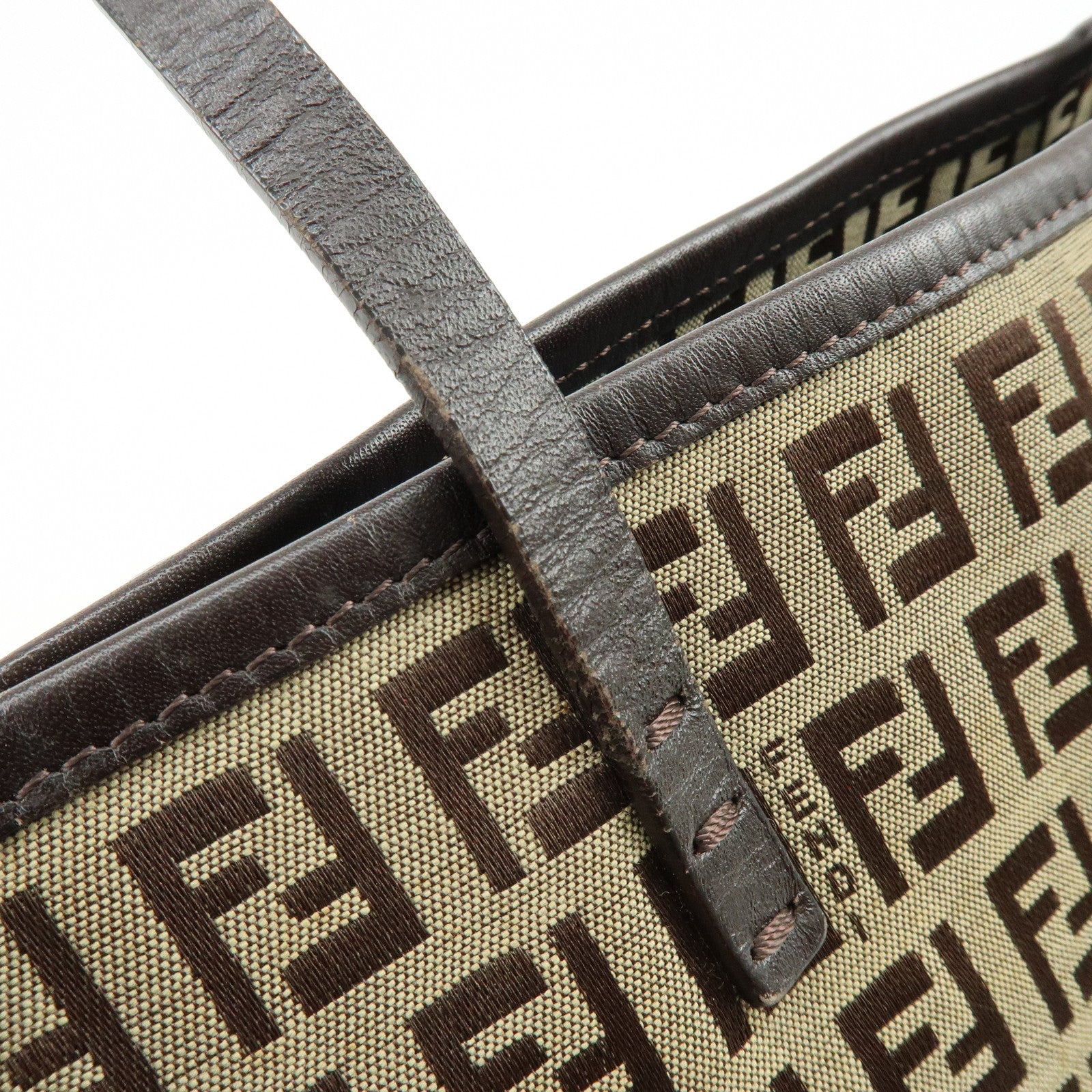 FENDI Zucchino Canvas Leather Tote Bag Hand Bag Shoulder Bag Brown