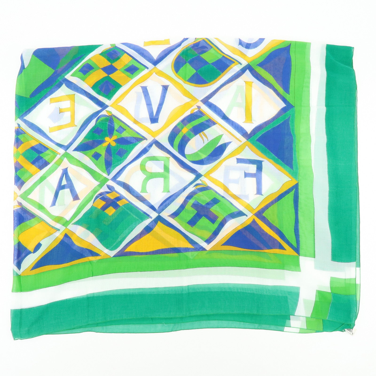 HERMES Vive La France Cotton 100％ Scarf Pareo Green Blue Yellow
