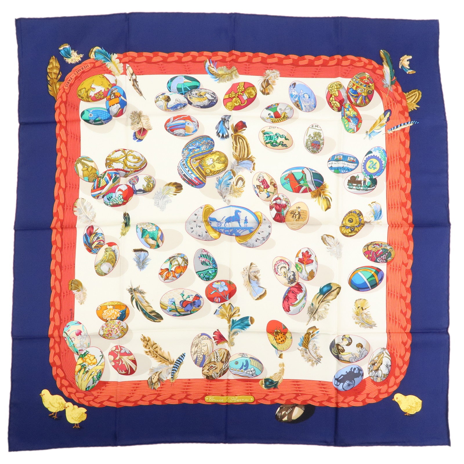 HERMES Carre 90 Silk 100% Scarf COUVEE D HERMES Blue Red White