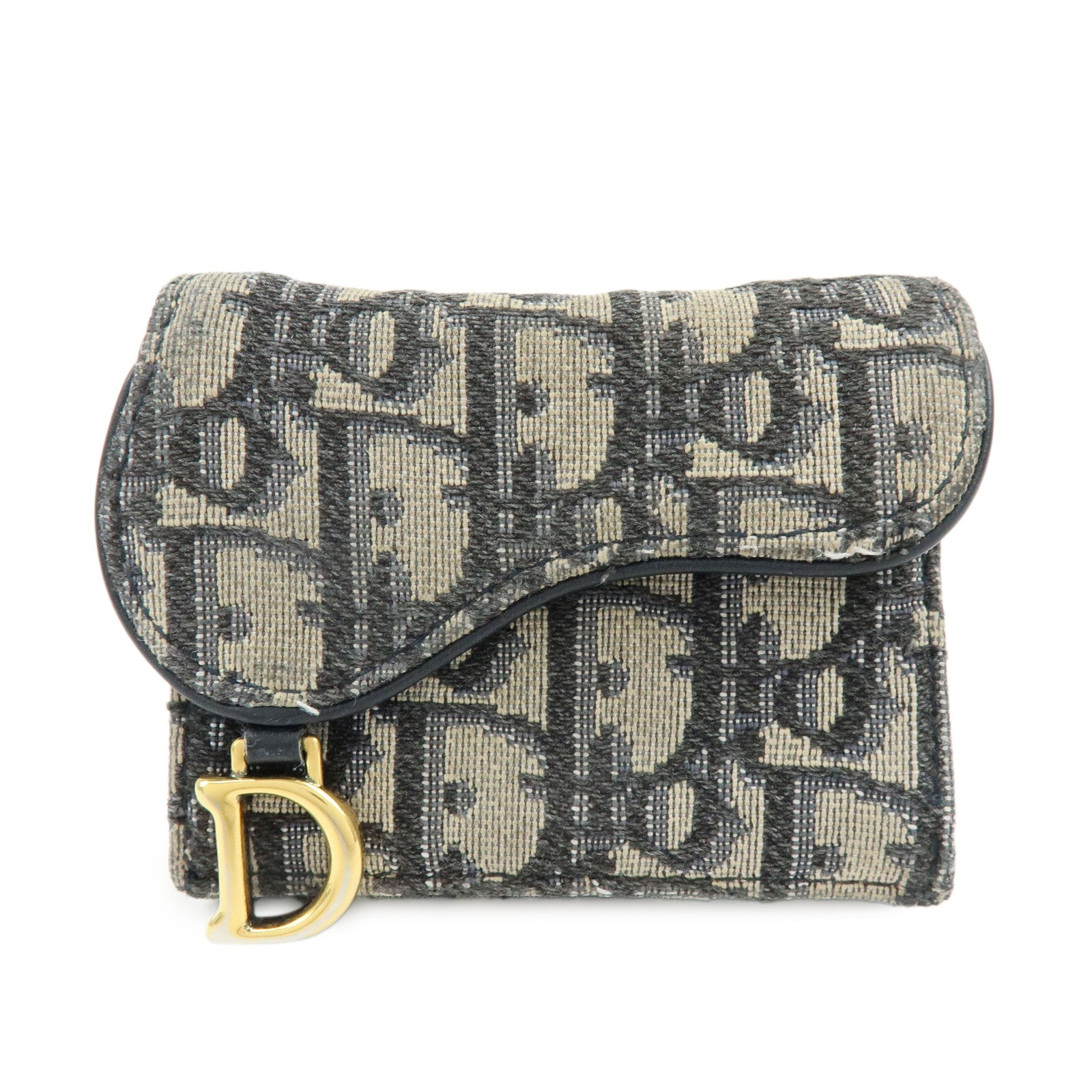 Christian Dior Saddle Oblique Jaquard Leather Tri-fold Wallet Navy