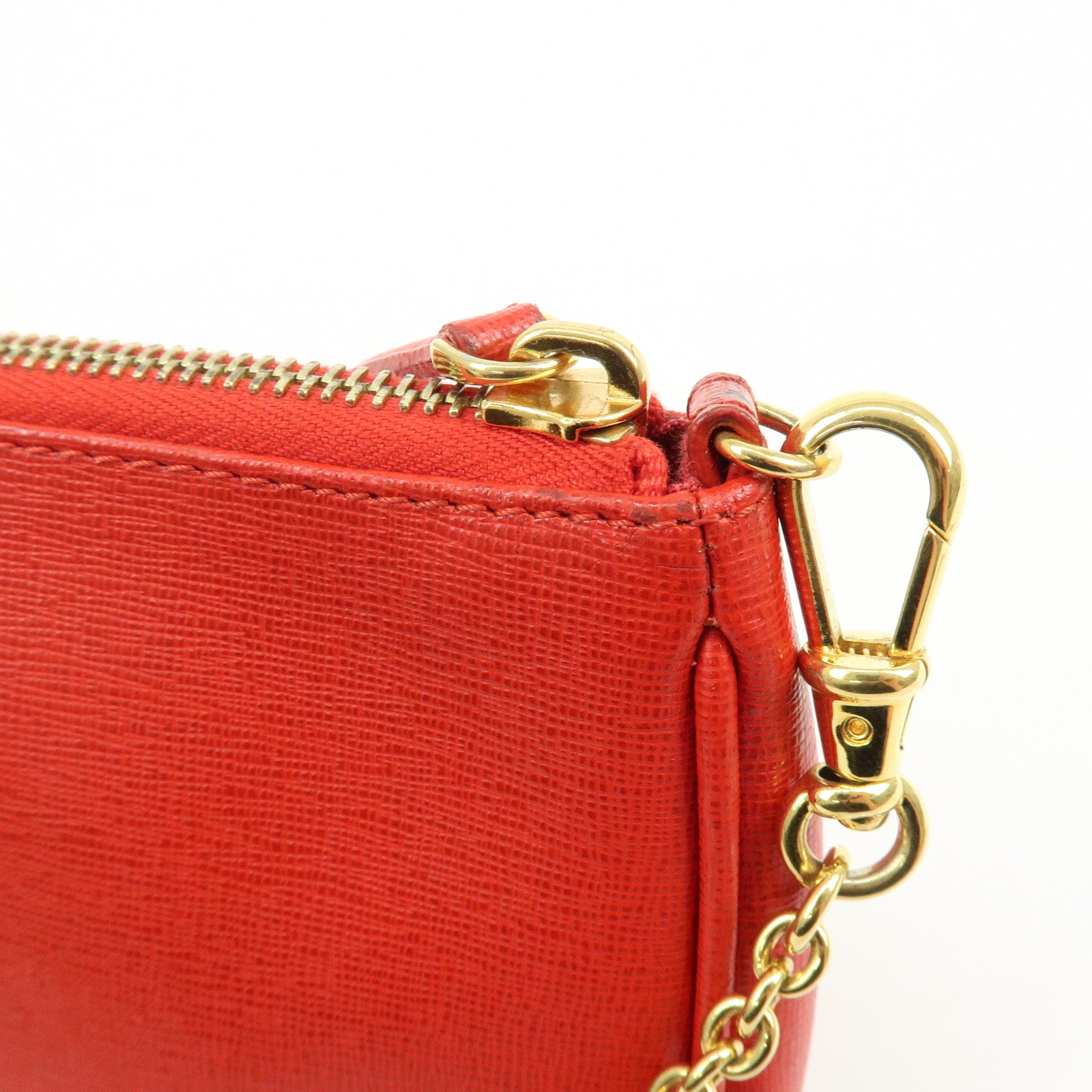 FENDI Embossed Leather Chain Accessary Pouch Hand Bag Red 8M0271