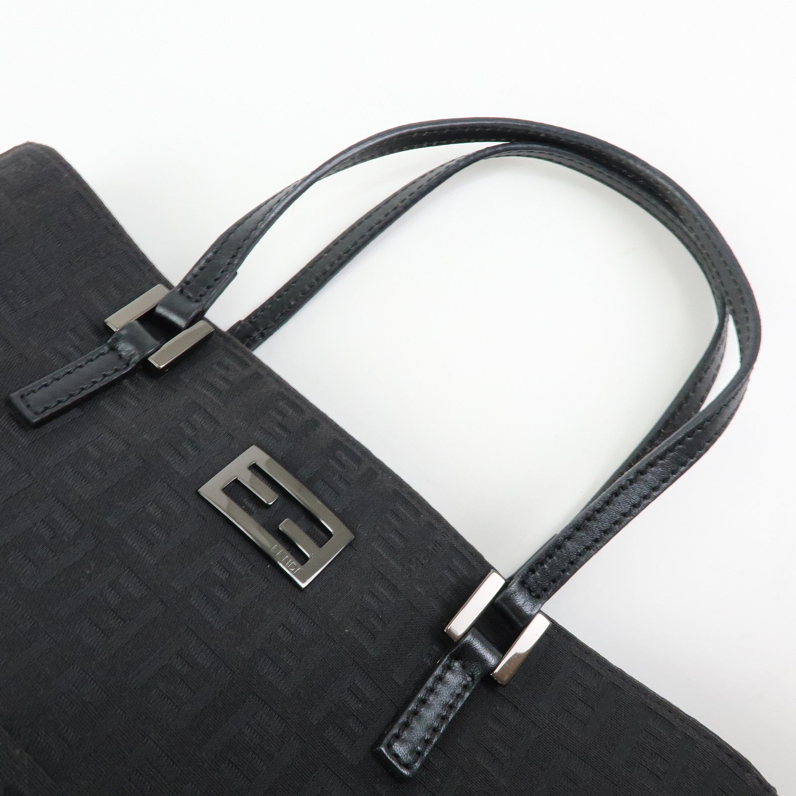 FENDI Zucchino Canvas Leather Hand Bag Tote Bag Black 8BH132