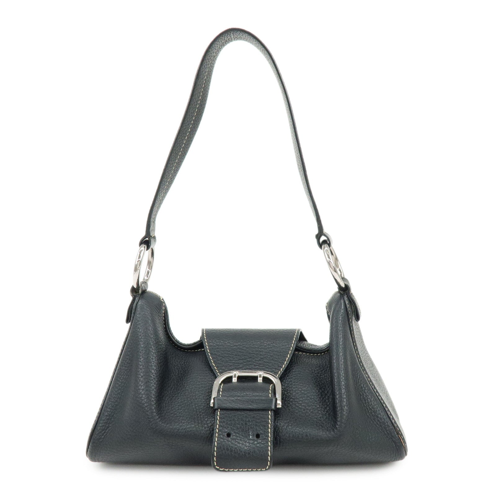 TOD'S Leather Stitched Buckle Hand Bag Shoulder Bag Black