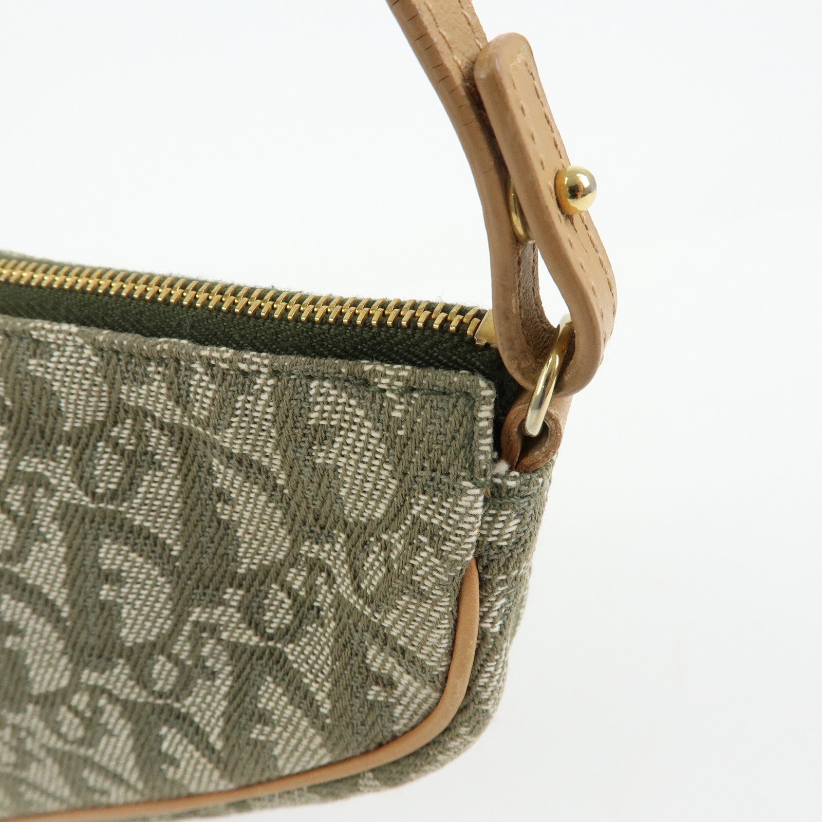Christian Dior Trotter Saddle Jacquard Canvas Hand Bag Green Beige