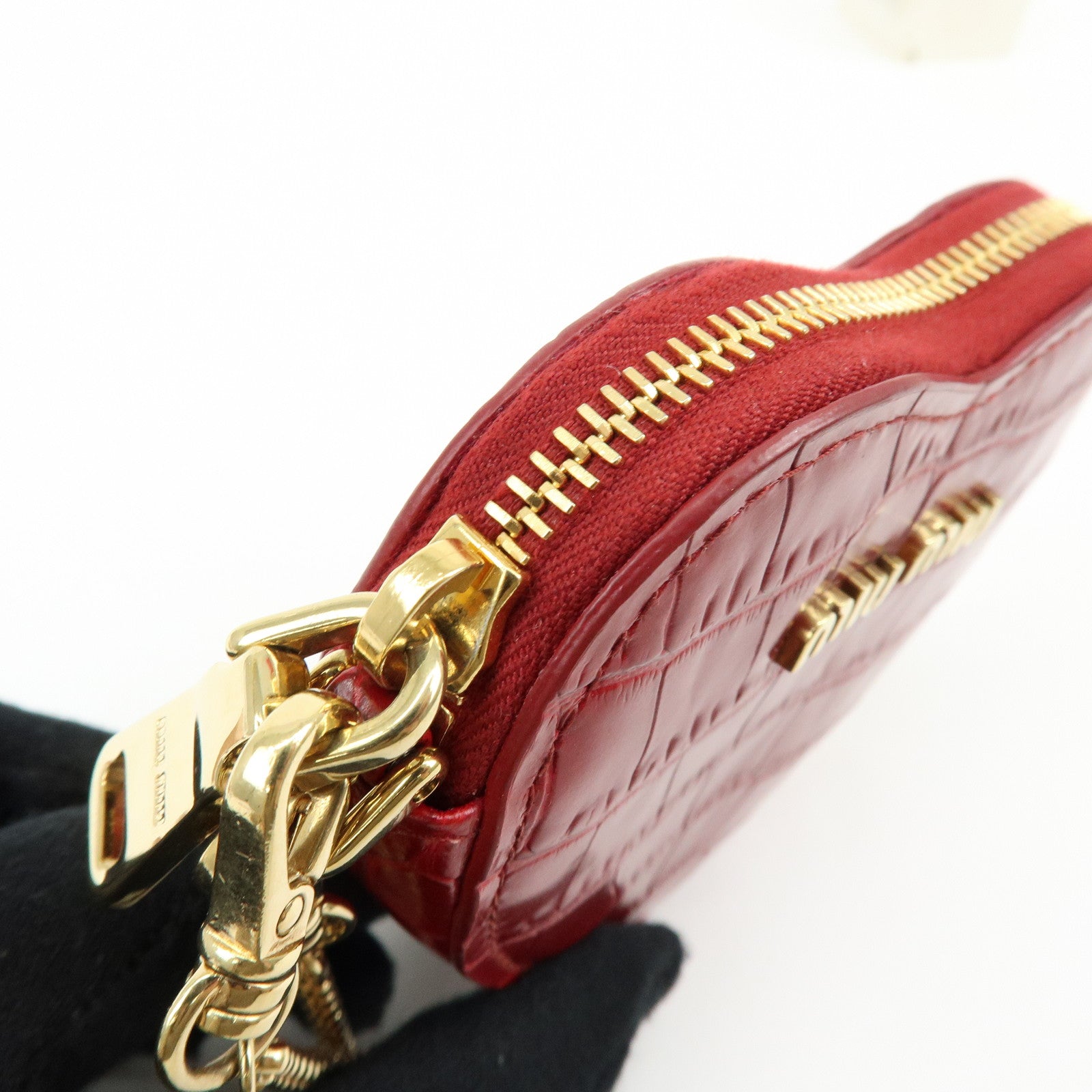 MIU MIU Embossed Leather Coin Case Bag Charm Heart Motif Red 5TL358