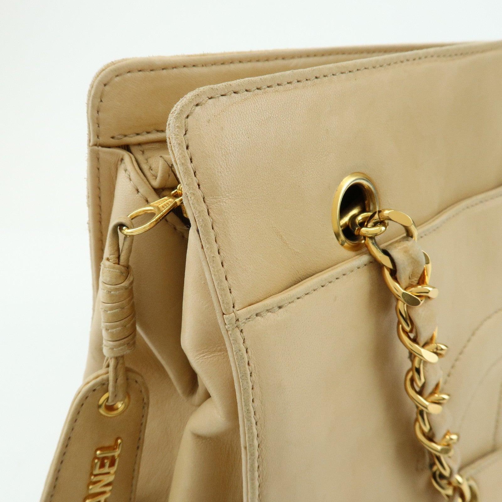 CHANEL COCO Mark Lamb Skin Chain Shoulder Bag Tote Bag Beige Gold