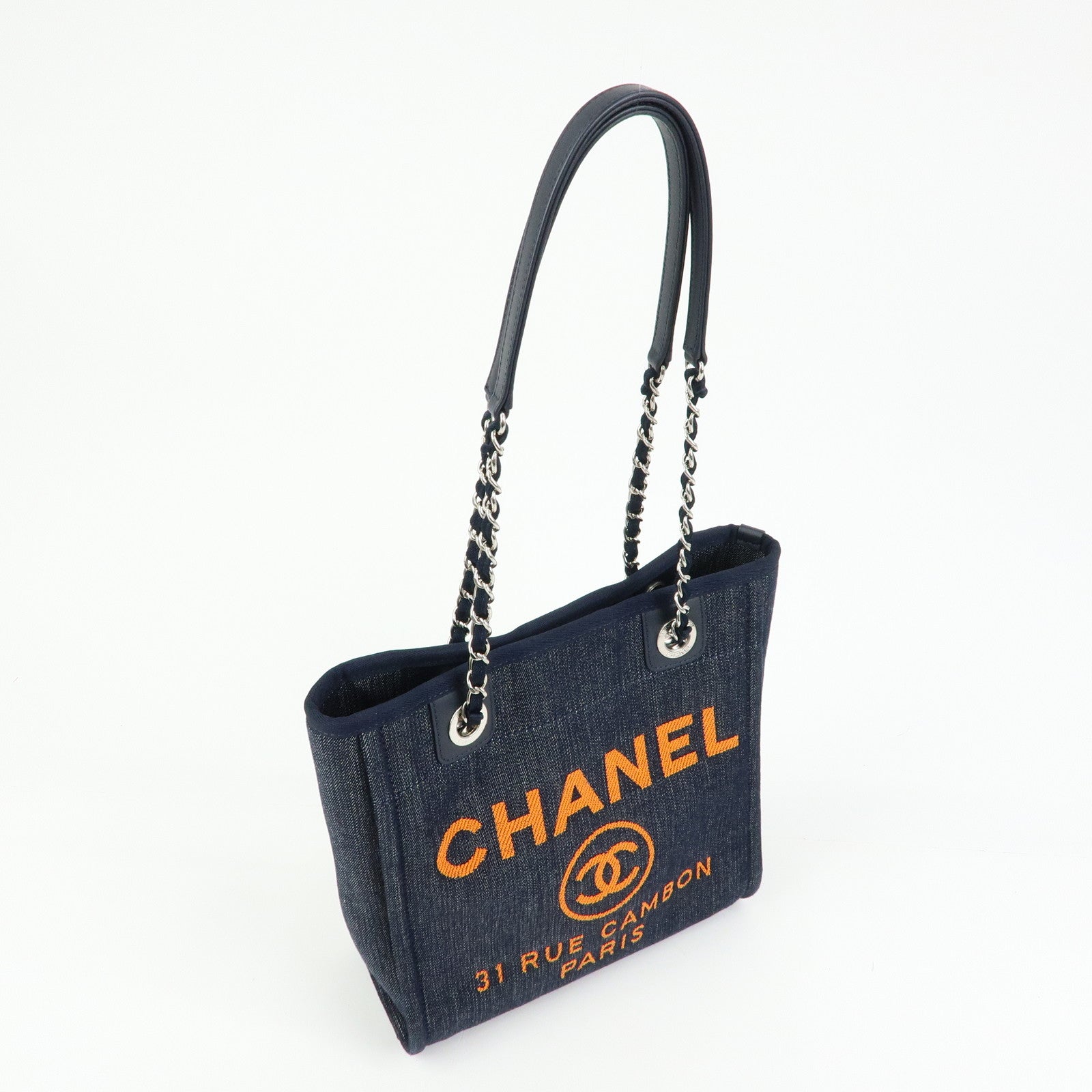CHANEL Deauville PM Denim Calf Leather Chain Tote Bag Indigo A66939