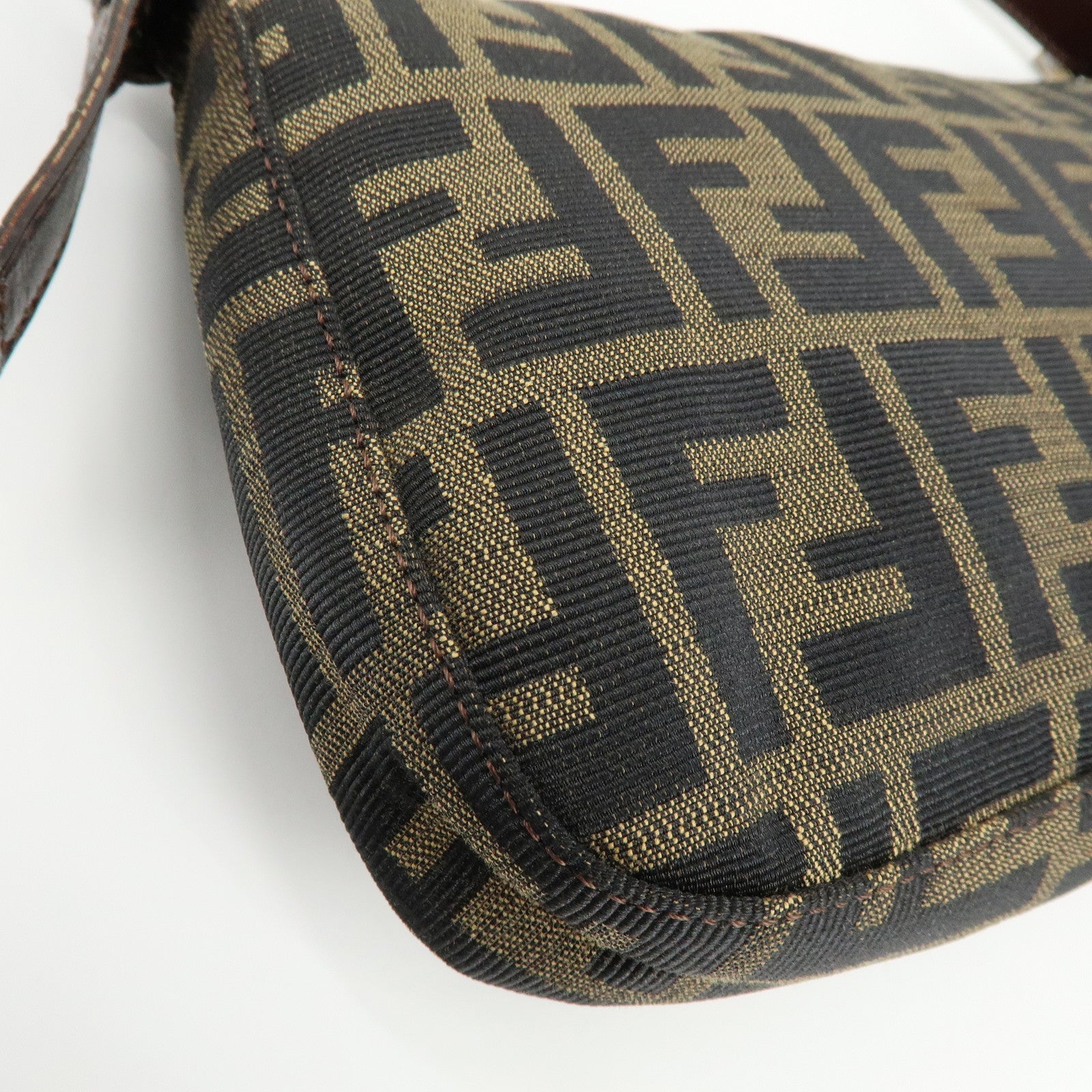 FENDI Mamma Baguette Jacquard Canvas Leather Shoulder Bag Brown 26424
