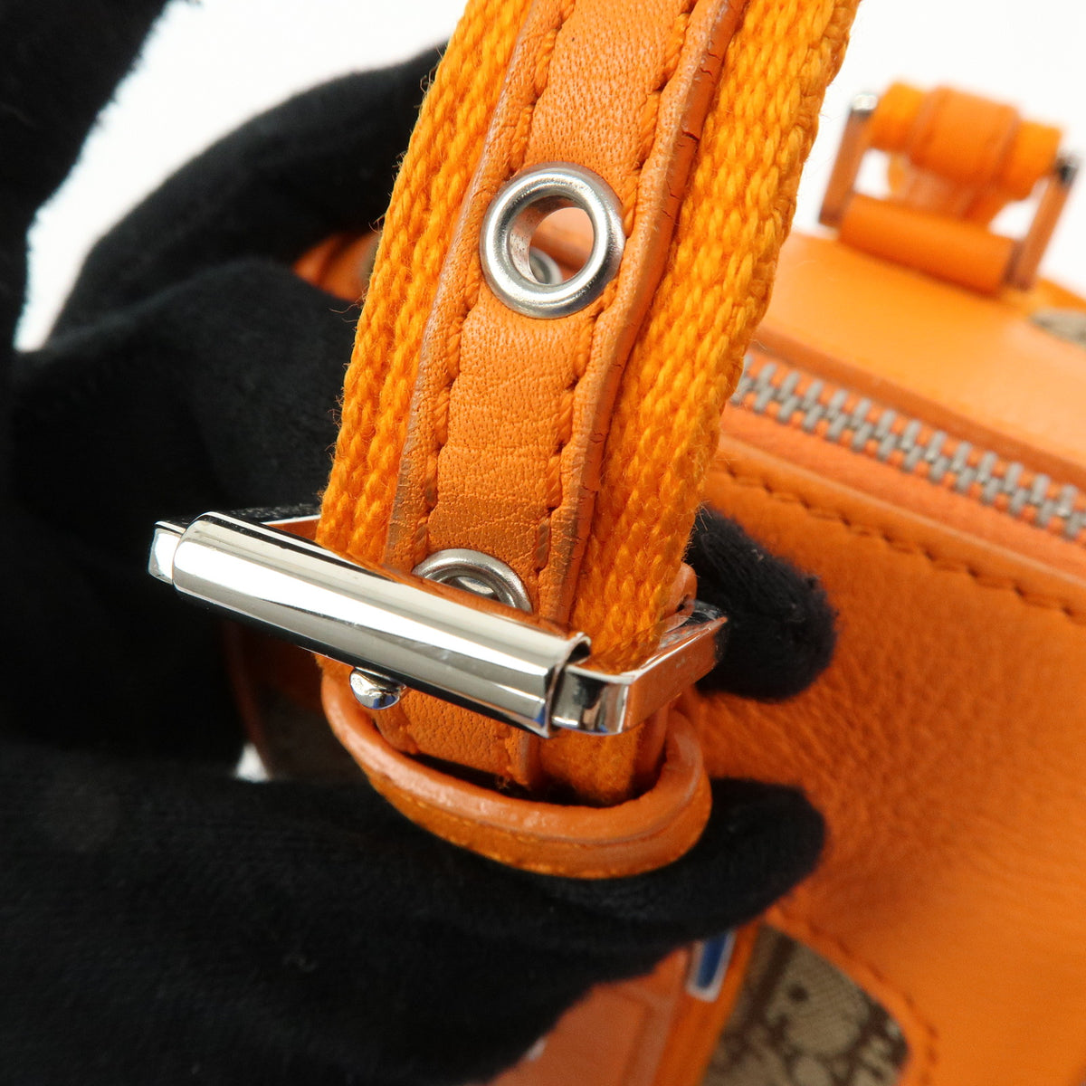Christian Dior Trotter Jacquard Canvas Leather Hand Bag Beige Orange
