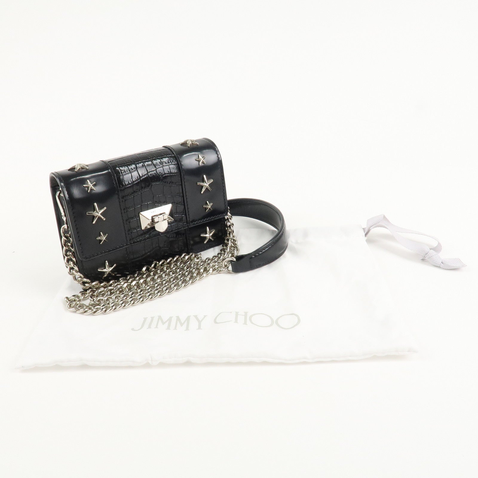 JIMMY CHOO Leather Star Studs Chain Shoulder Bag Crossbody Bag Black Used