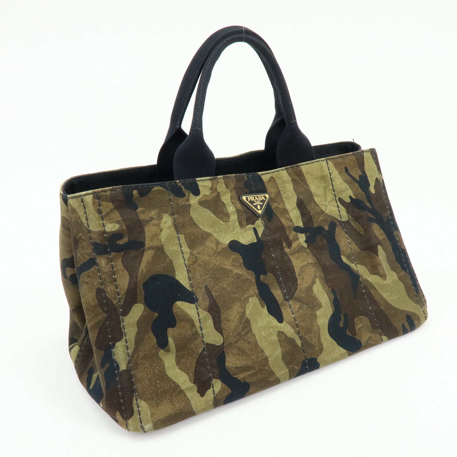 PRADA Canapa Triangle Logo Canvas Tote Bag Camouflage Khaki BN2020