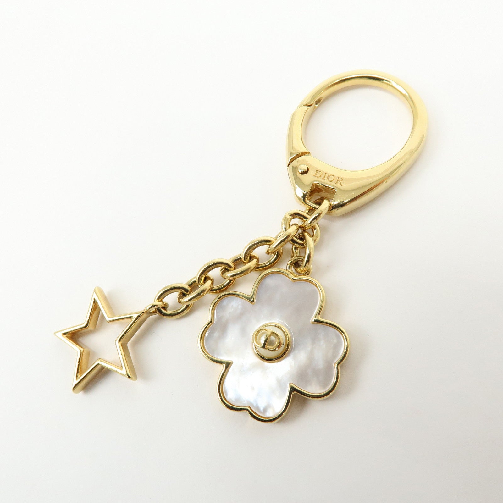 Christian Dior Metal Mother of Pearl Bag Charm Key Holder Clover Star
