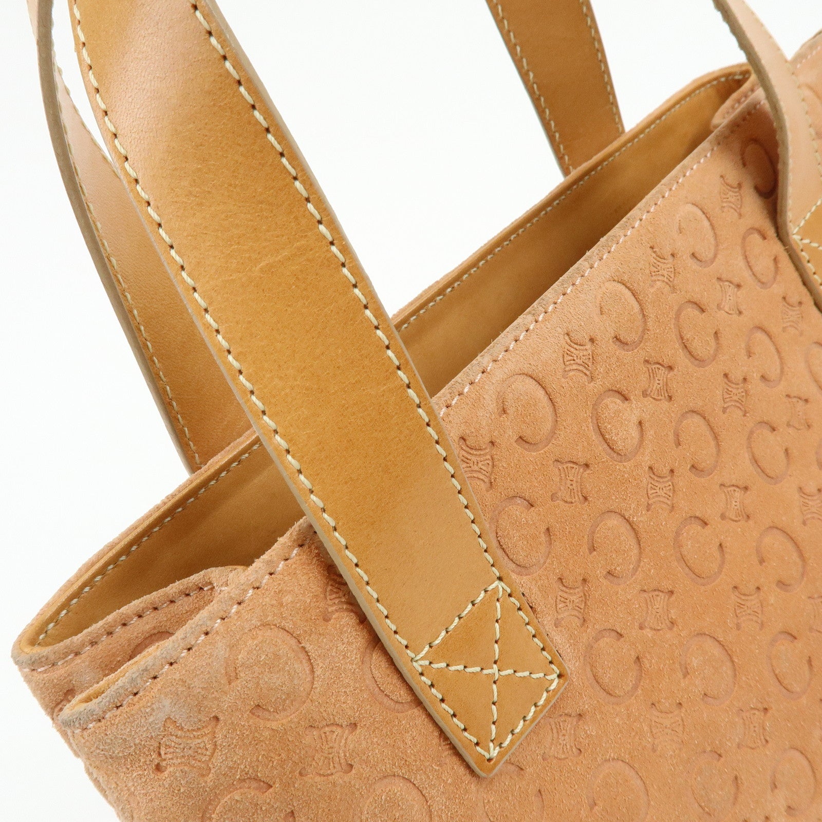 CELINE C Macadam Suede Leather Hand Bag Tote Bag Orange Beige