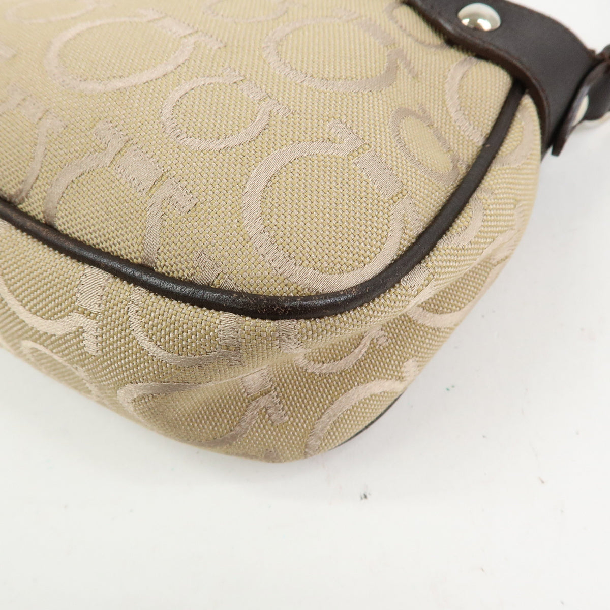 Ferragamo Gancini Jacquard Canvas Leather Hand Bag Beige Brown