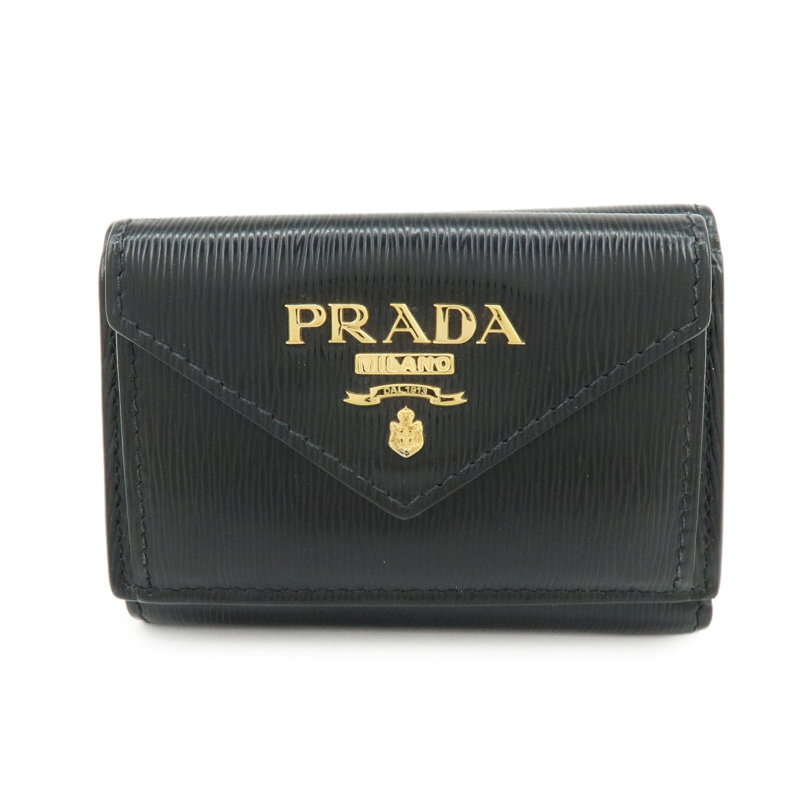 PRADA Vitello Move Leather Tri-fold Compact Wallet Black 1MH021