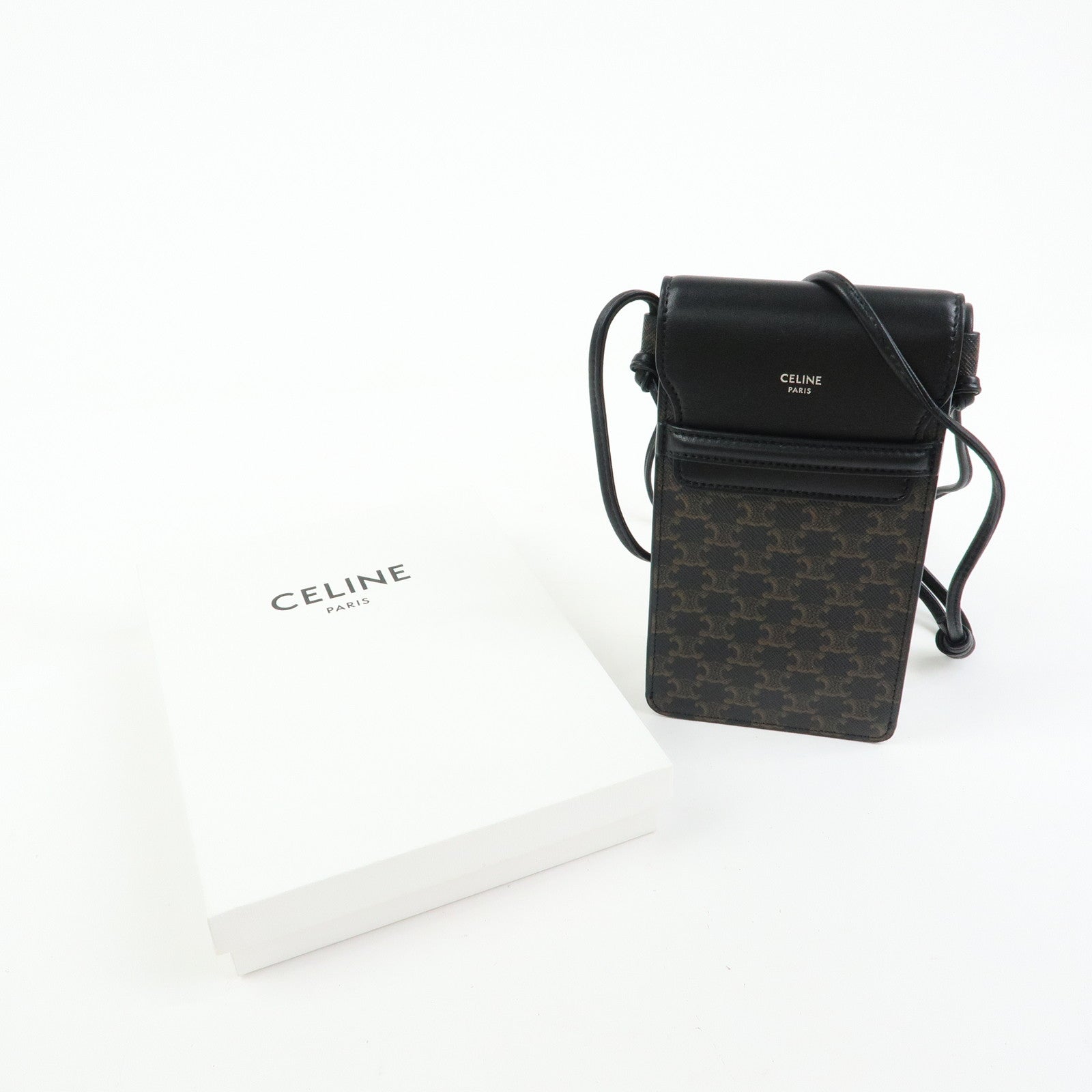 CELINE Triomphe PVC Leahter Mobile Pouch Phone Case Black Brown
