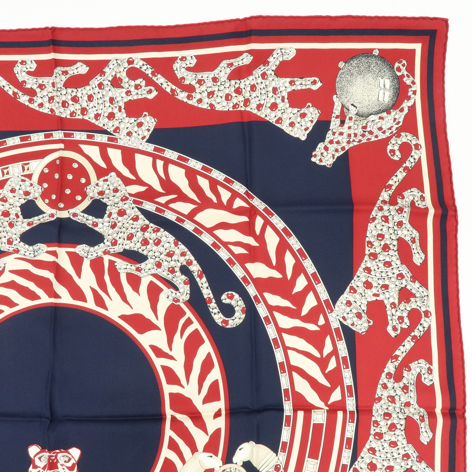 Cartier Must de Cartier Silk 100% Tiger Print Scarf Showl Red Navy