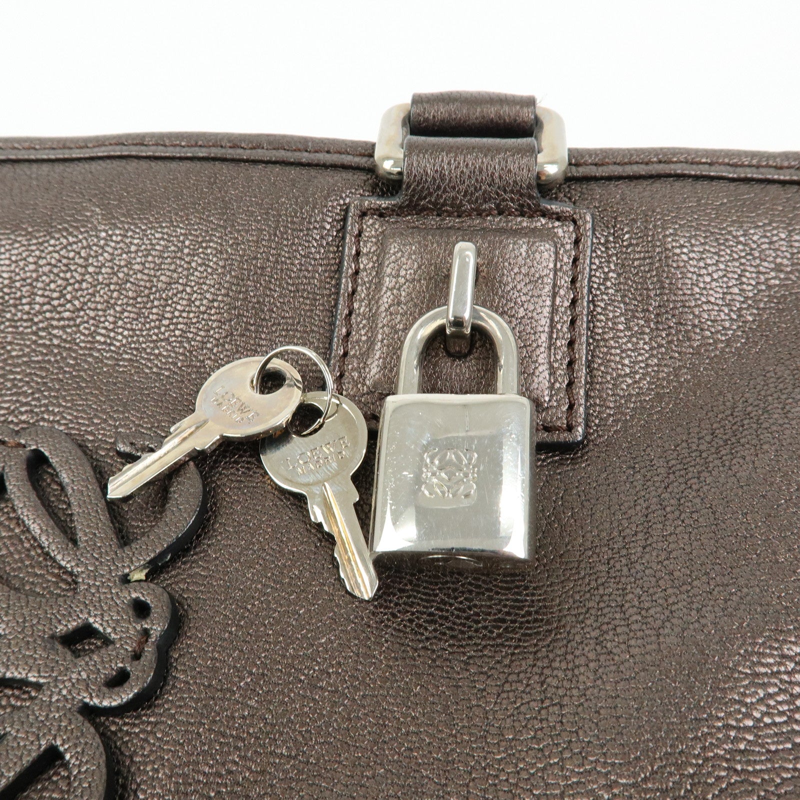 LOEWE Anagram Amazona 28 Leather Hand Bag Boston Bag Metallic Brown