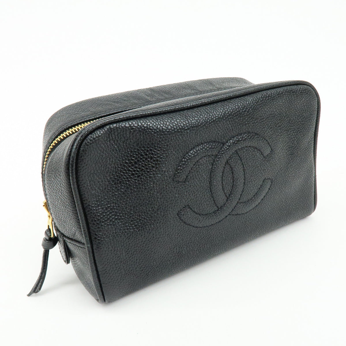 CHANEL COCO Mark Caviarskin Cosmetic Pouch Makeup Case Black