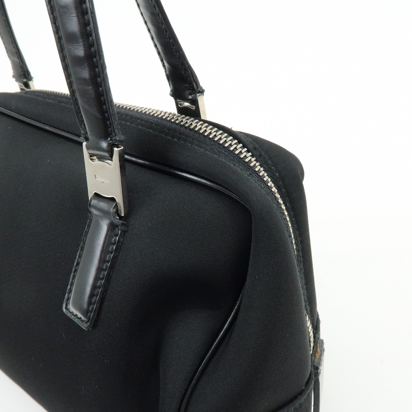 Ferragamo Nylon Leather Hand Bag Mini Boston Bag Black