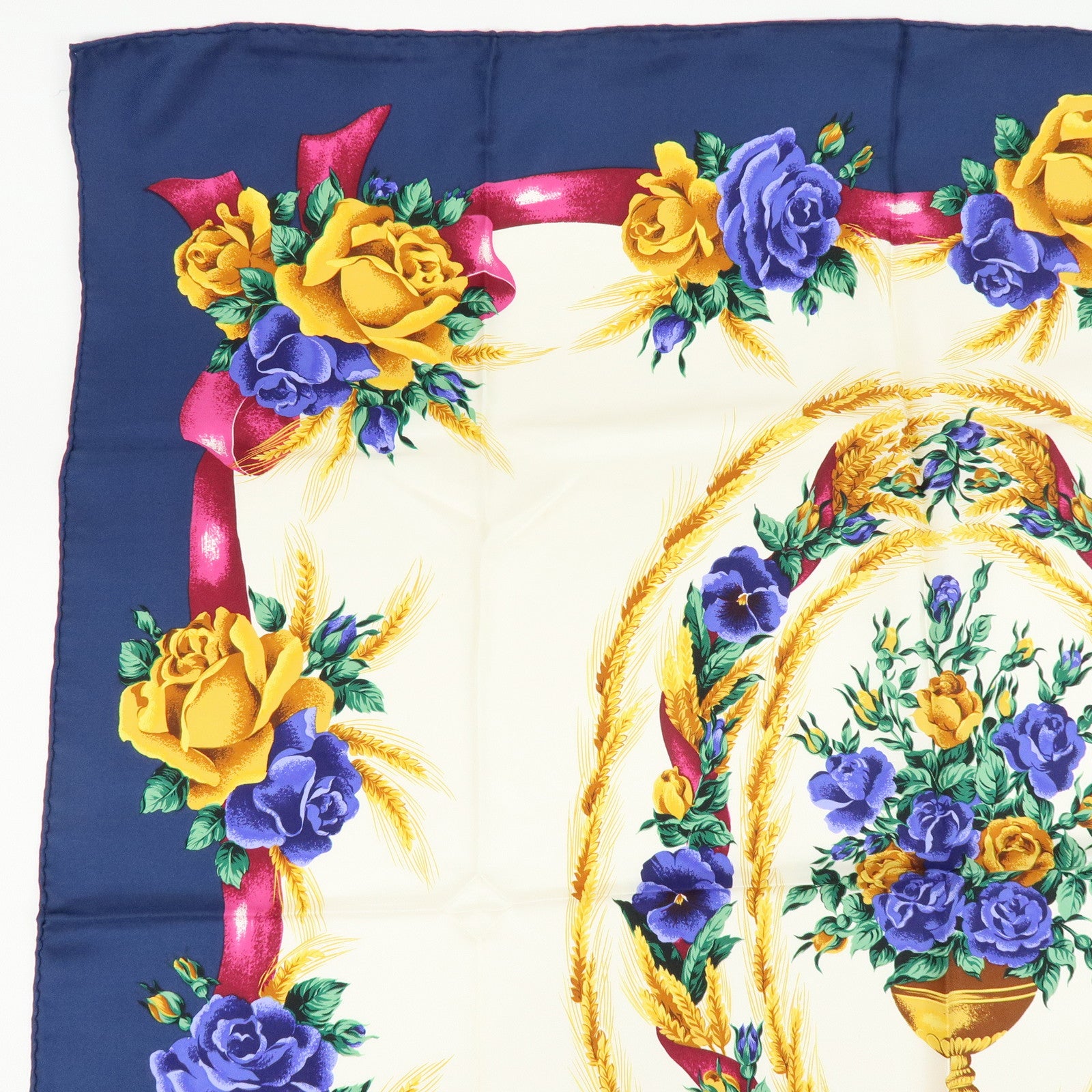 Christian Dior Silk 100% Scarf Flower Wheat Motif Navy Purple Gold