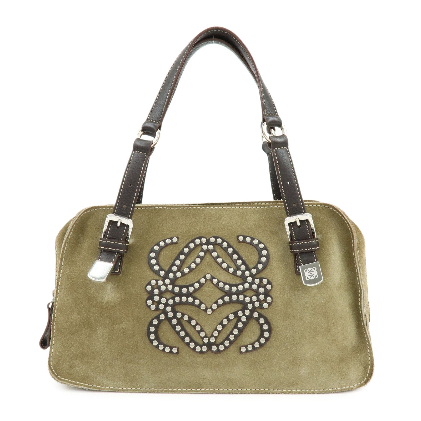 LOEWE Anagram Suede Leather Hand Bag Tote Bag Studs Khaki Brown