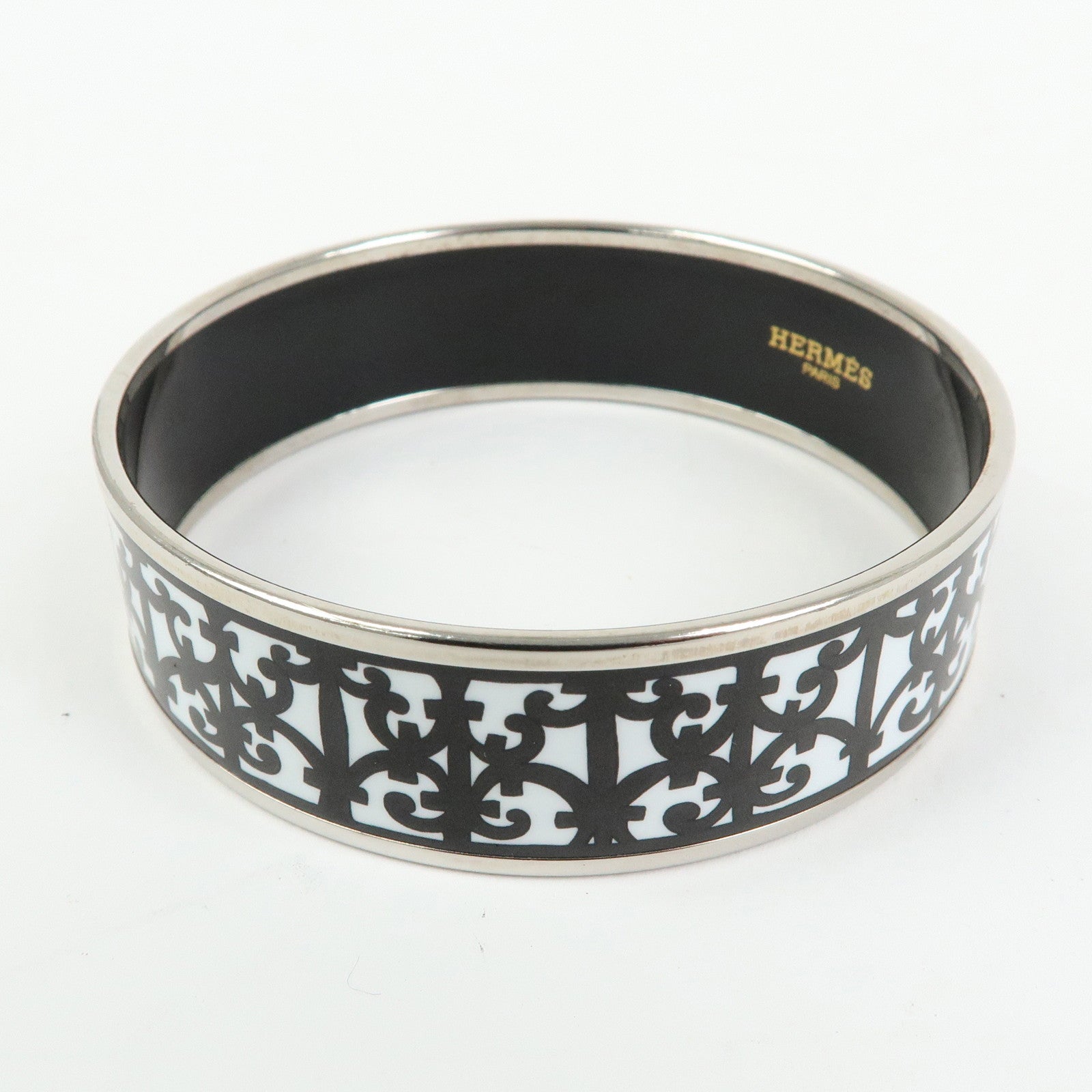 HERMES Email GM Silver Plated Guadalquivir Bangle Bracelet White Black