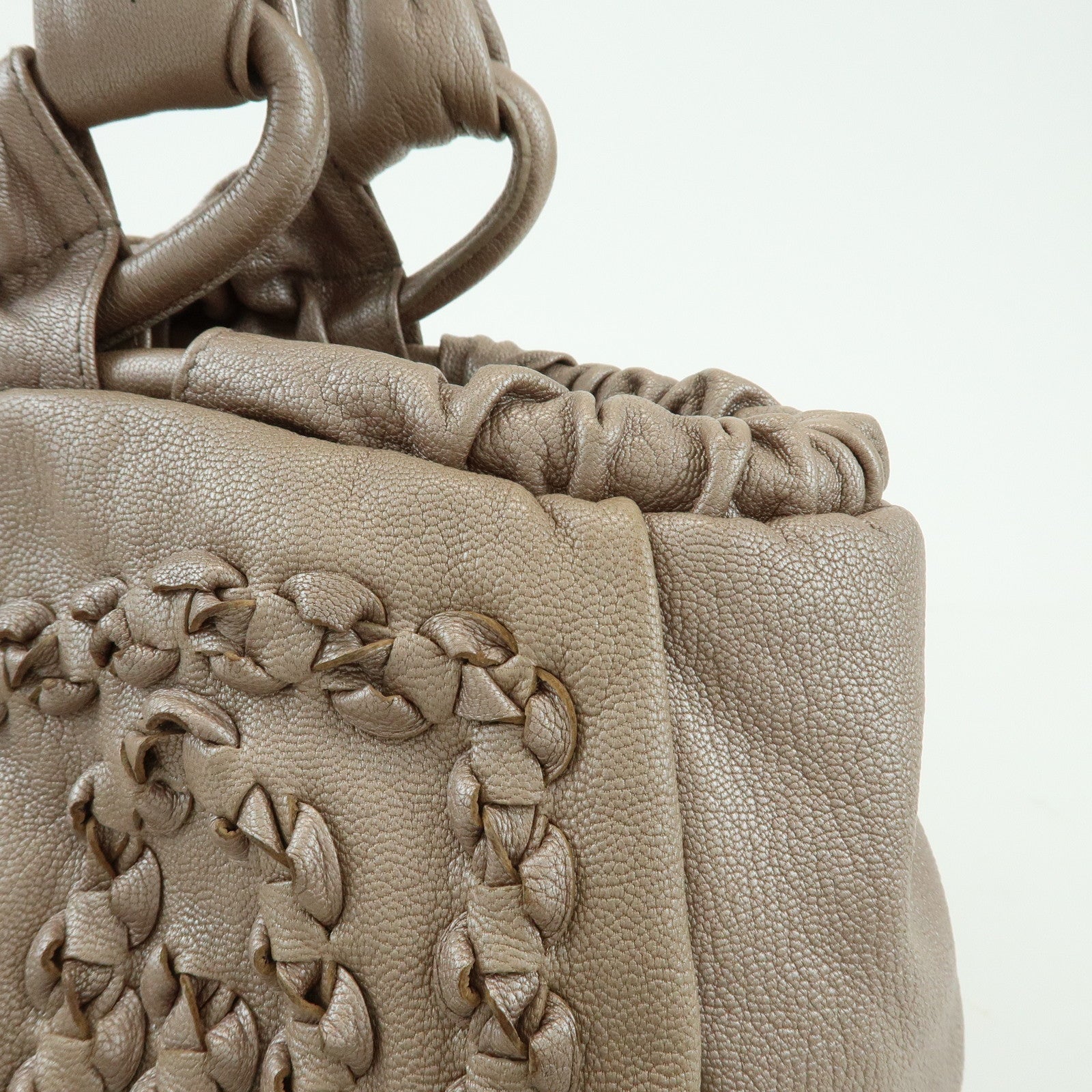 Ferragamo Gancini Leather Hand Bag Shoulder Bag Braid Pink Beige