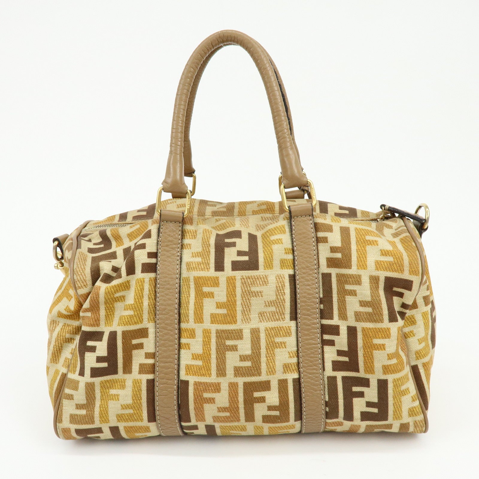 FENDI Zucca Seleria Canvas Leather 2Way Bag Shoulder Bag Brown Beige
