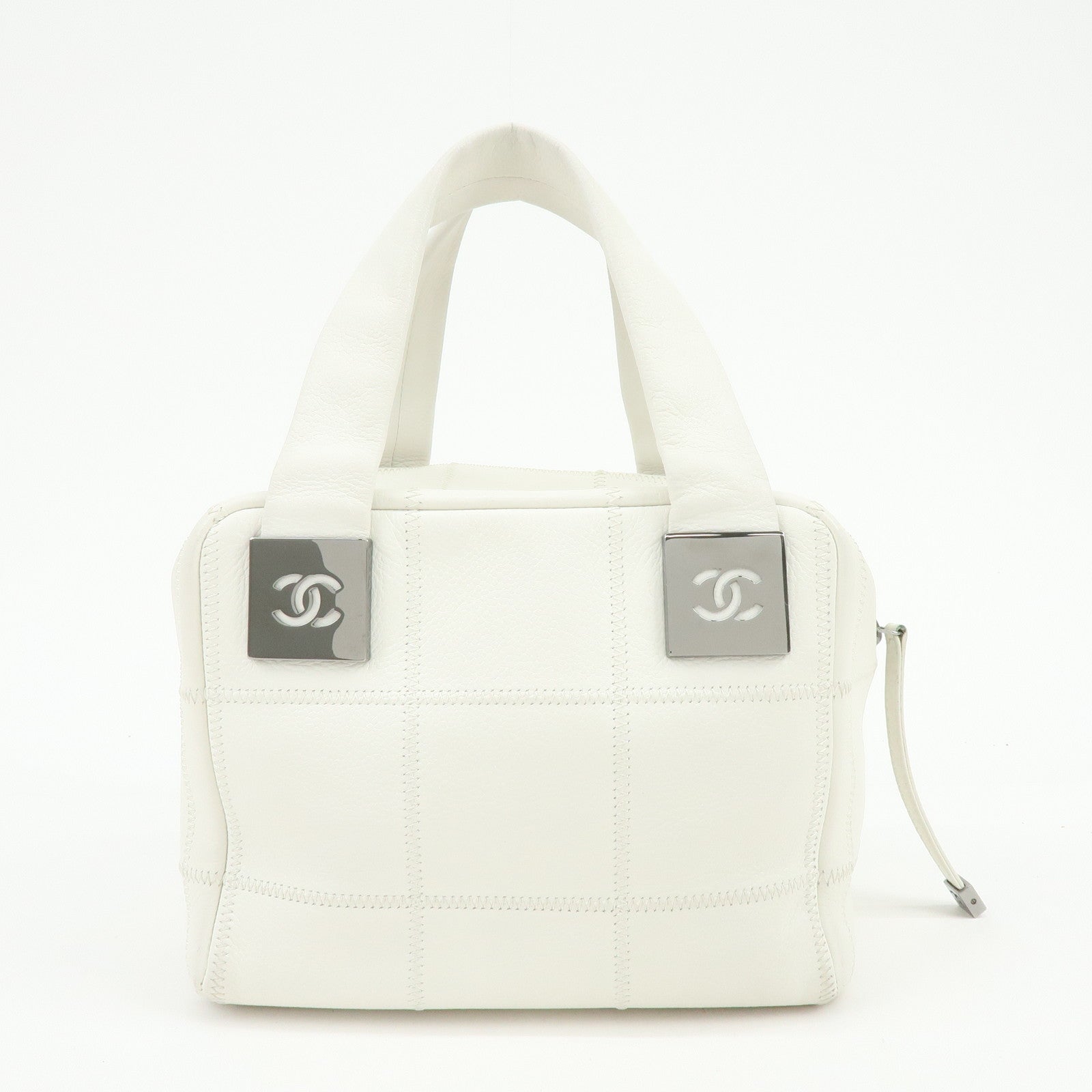 CHANEL Chocolate Bar COCO Mark Caviarskin Hand Bag Tote Bag White