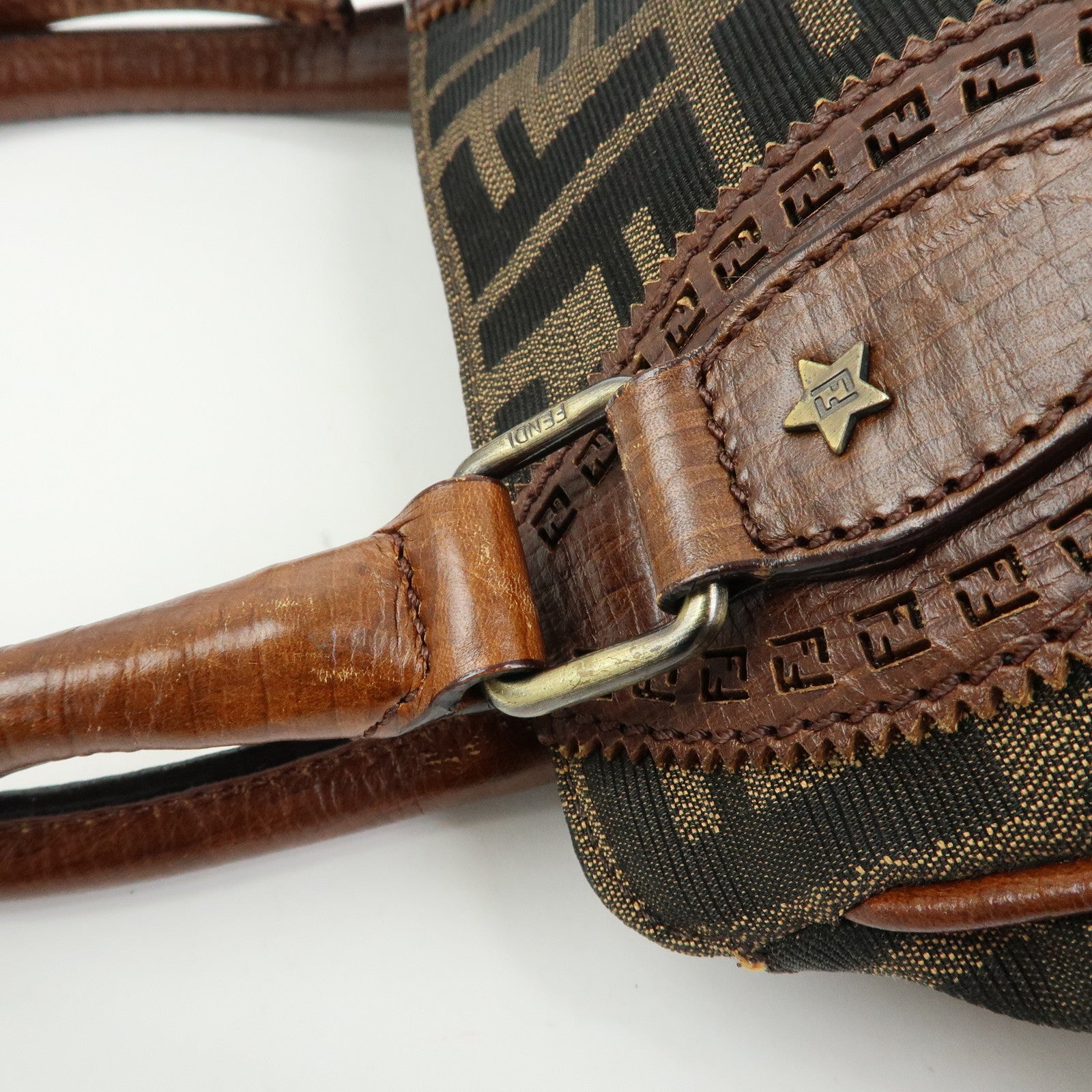 FENDI Zucca Etnico Canvas Leather Hand Bag Brown 8BN157