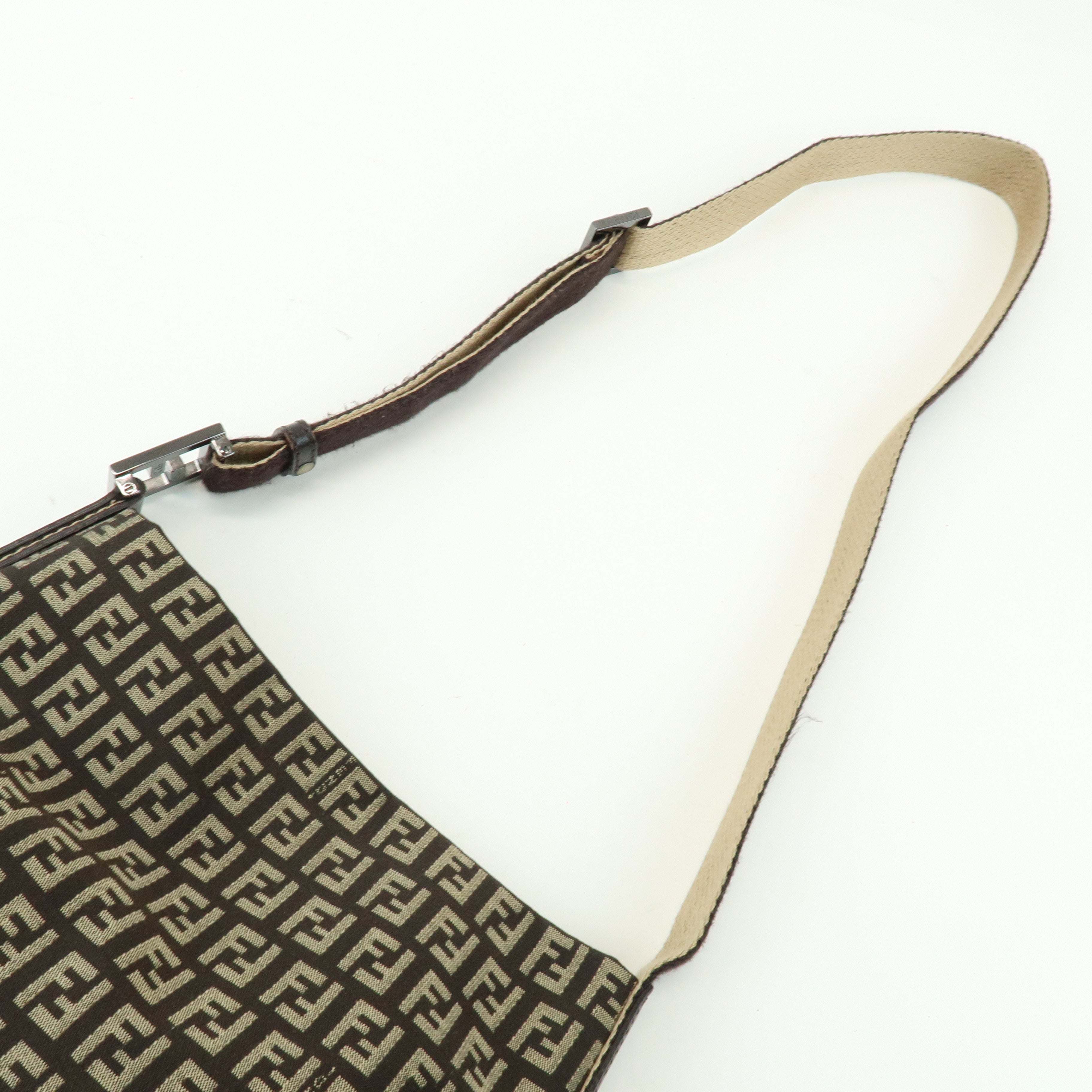 FENDI Zucchino Jacquard Canvas Leather Shoulder Bag Brown 8BR317