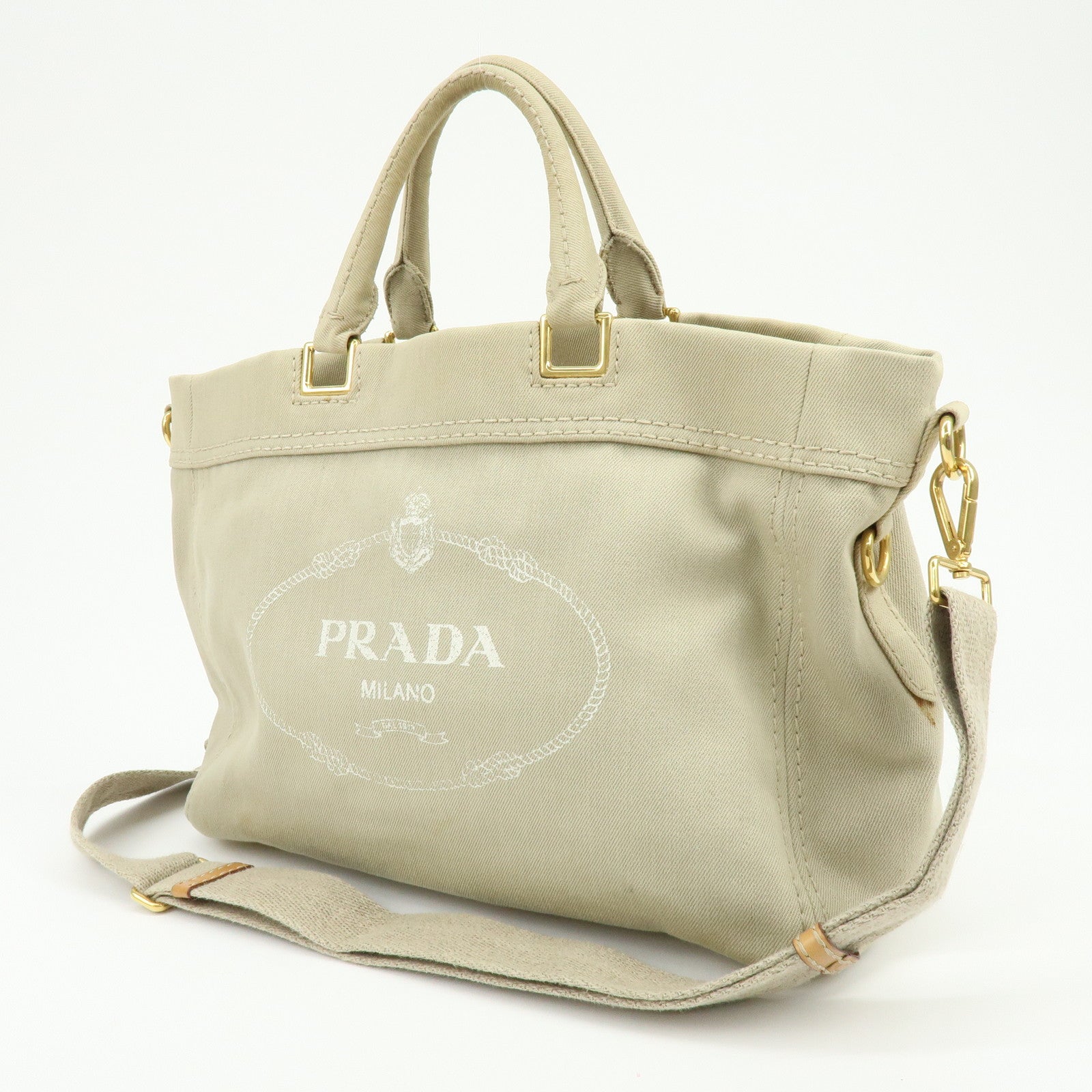 PRADA Triangle Logo Canvas 2Way Bag Tote Shoulder Bag Beige BN2069